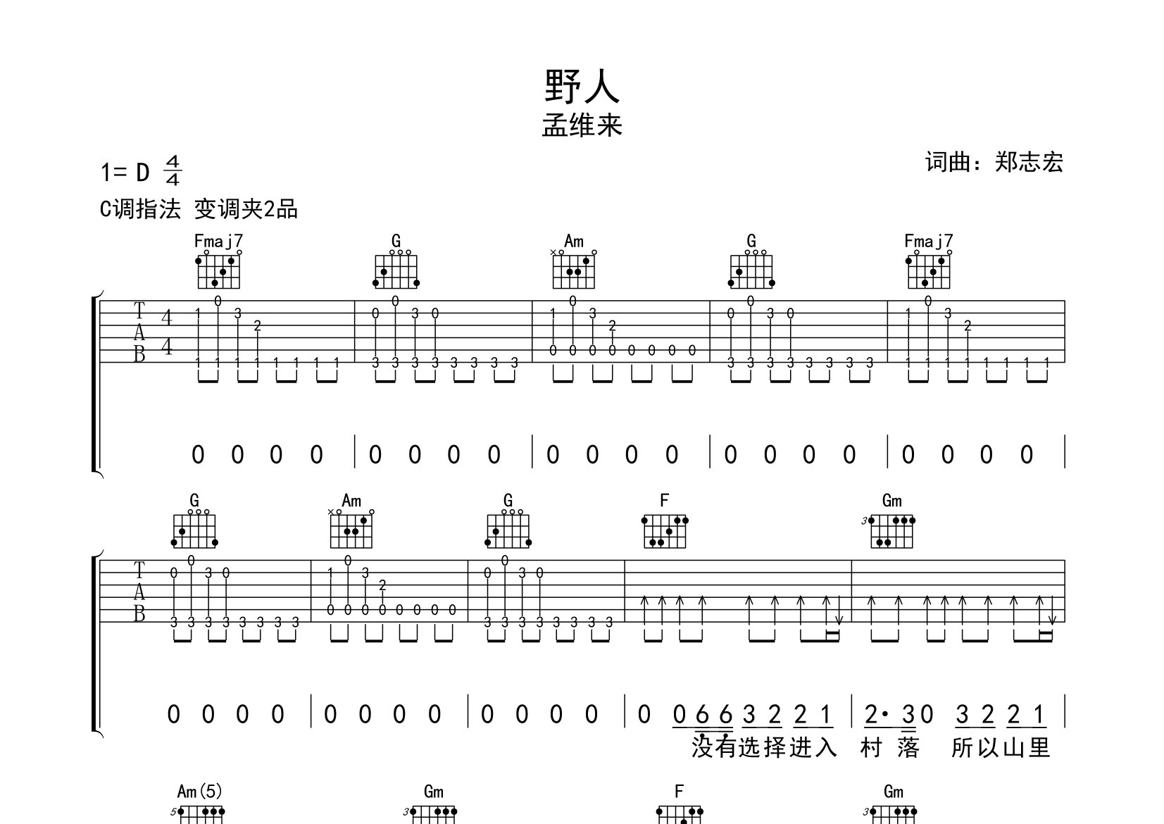 野人吉他谱预览图
