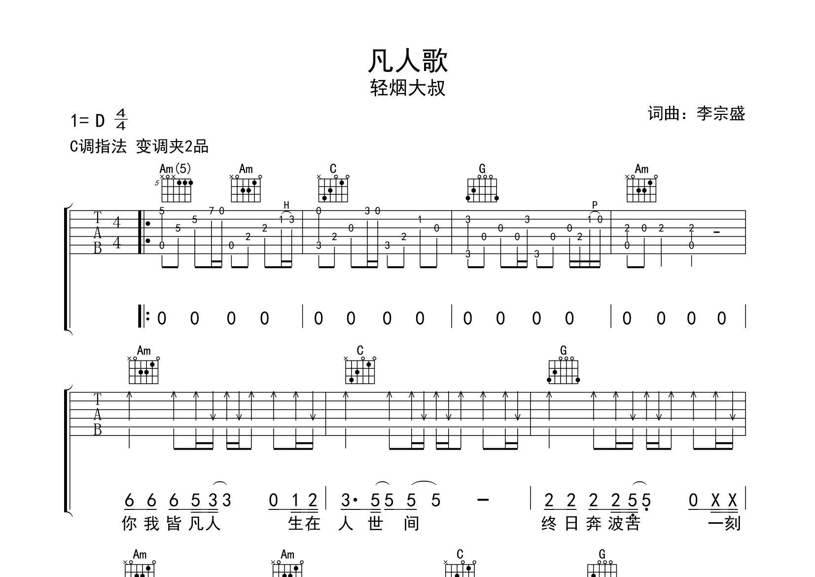 凡人歌吉他谱预览图