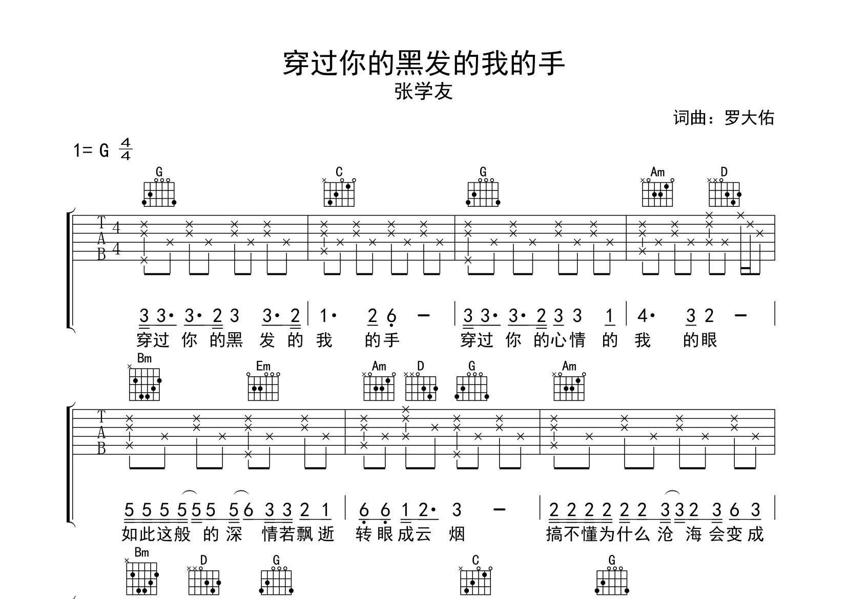 穿过你的黑发的我的手吉他谱预览图