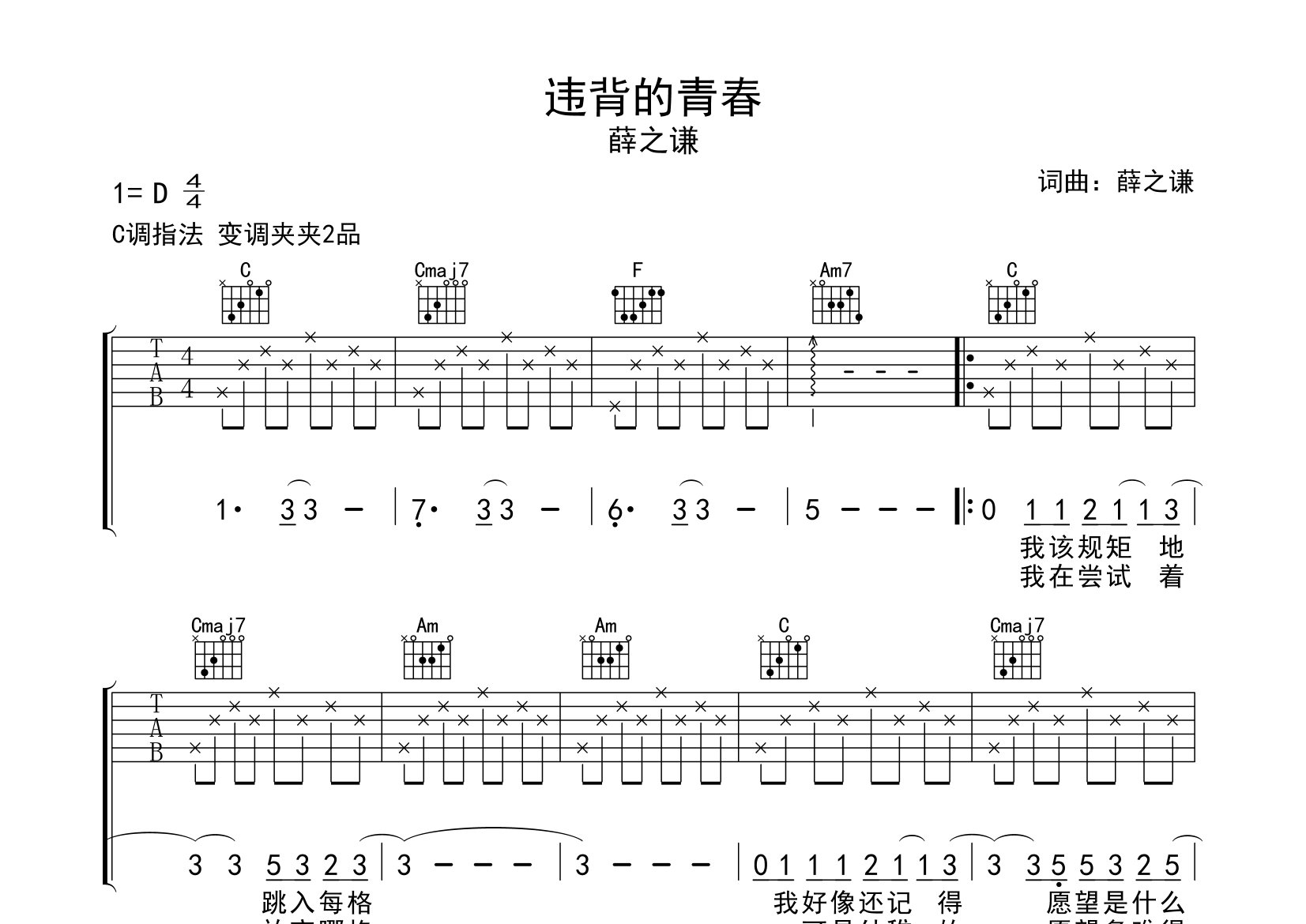 违背的青春吉他谱预览图