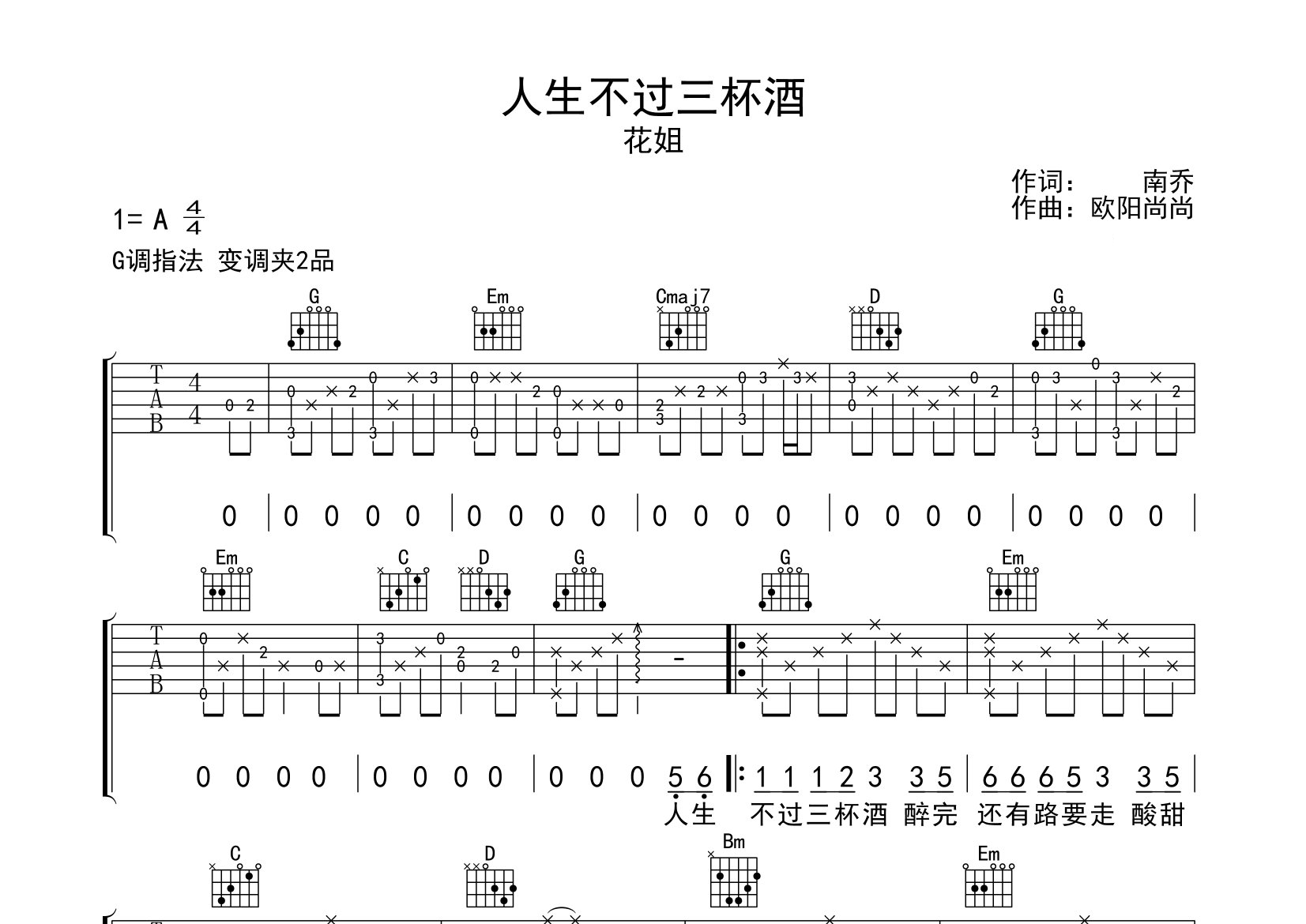 人生不过三杯酒吉他谱预览图