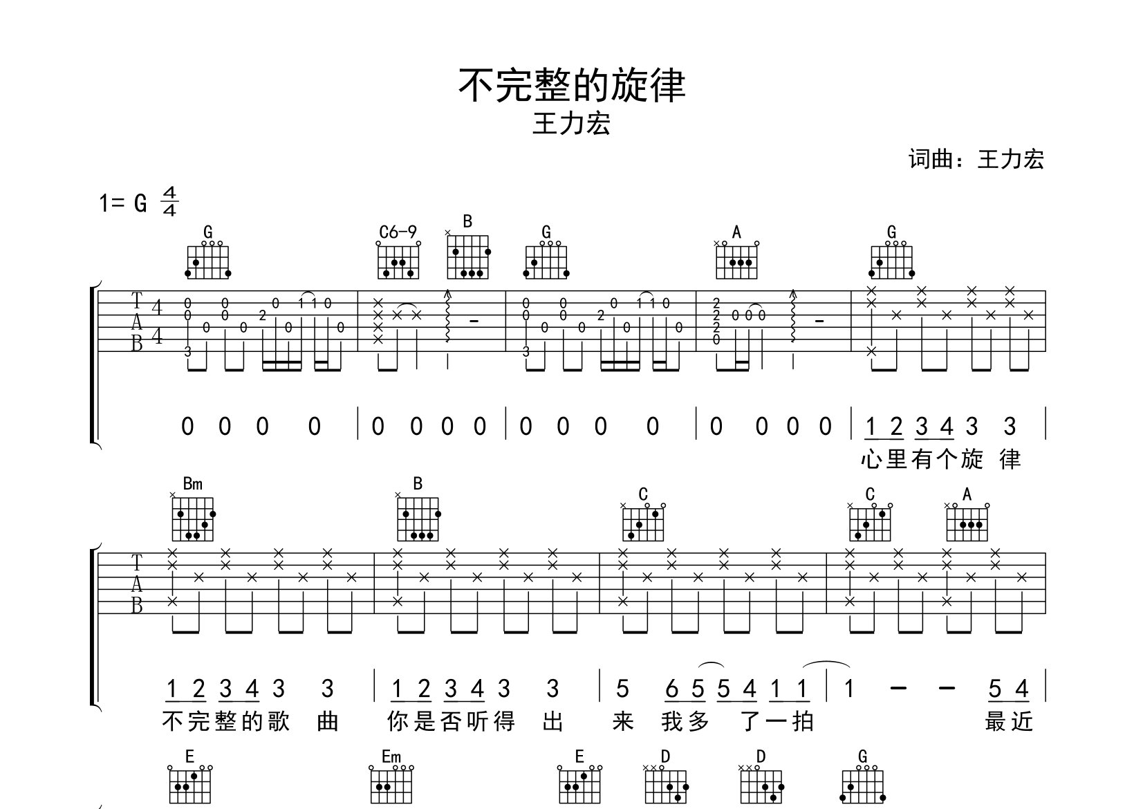 不完整的旋律吉他谱预览图