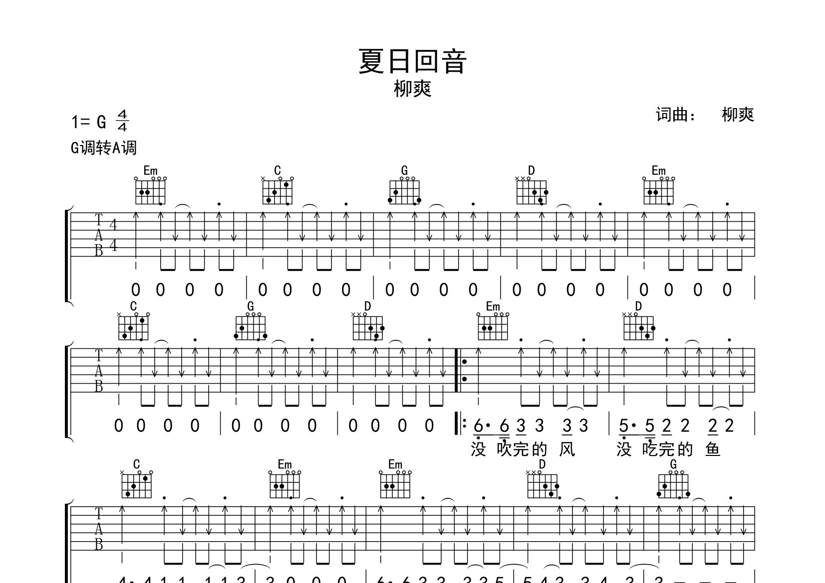夏日回音吉他谱预览图