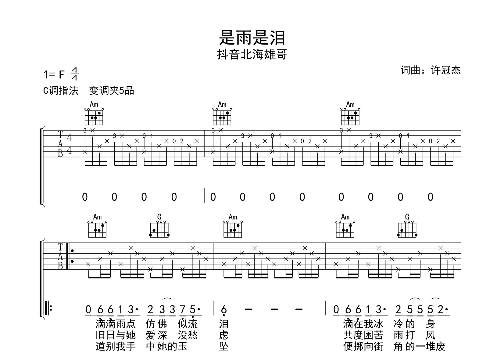 是雨是泪吉他谱预览图