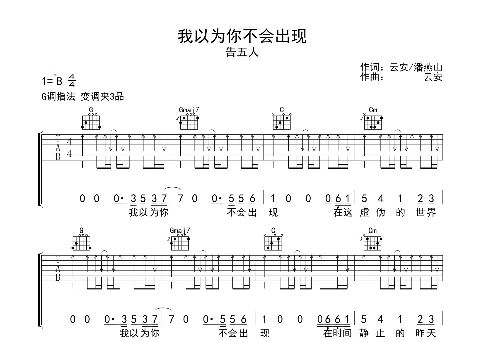 我以为你不会出现吉他谱预览图