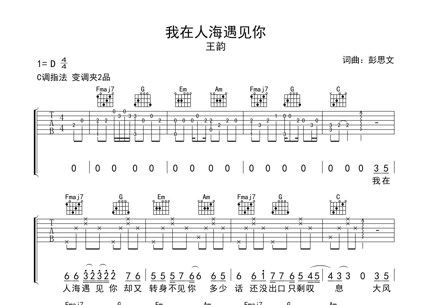 我在人海遇见你吉他谱预览图