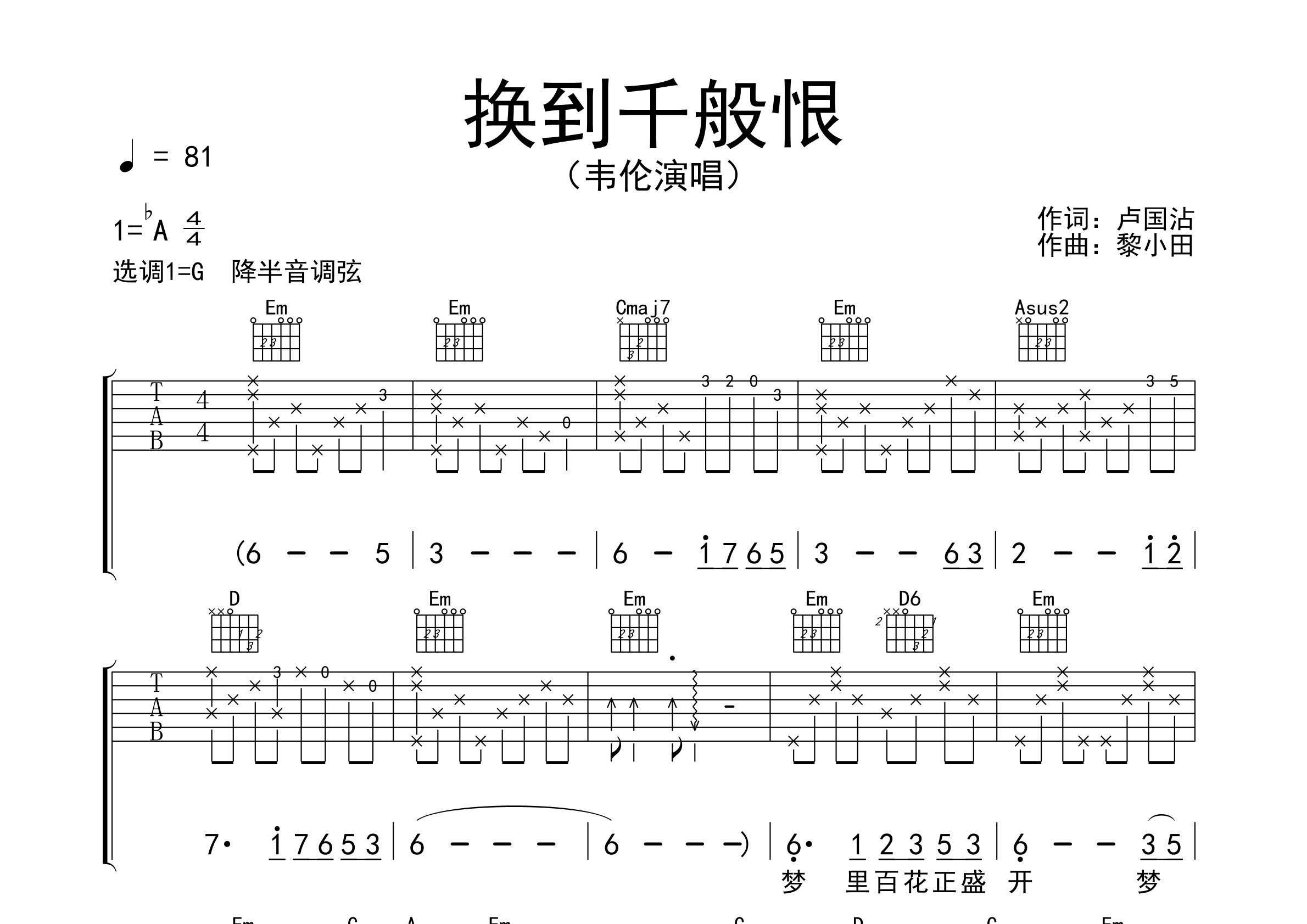 换到千般恨吉他谱预览图
