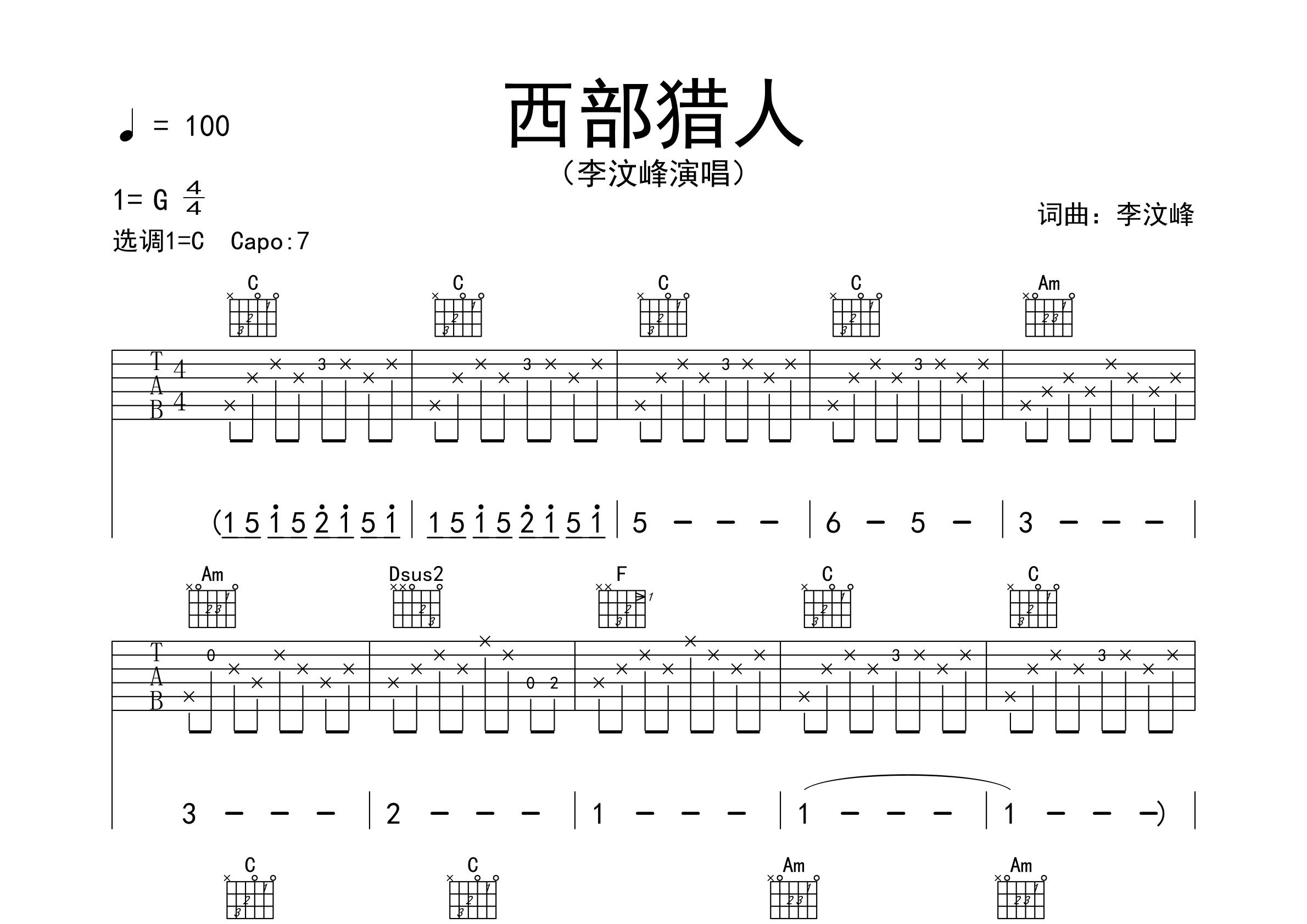 西部猎人吉他谱预览图