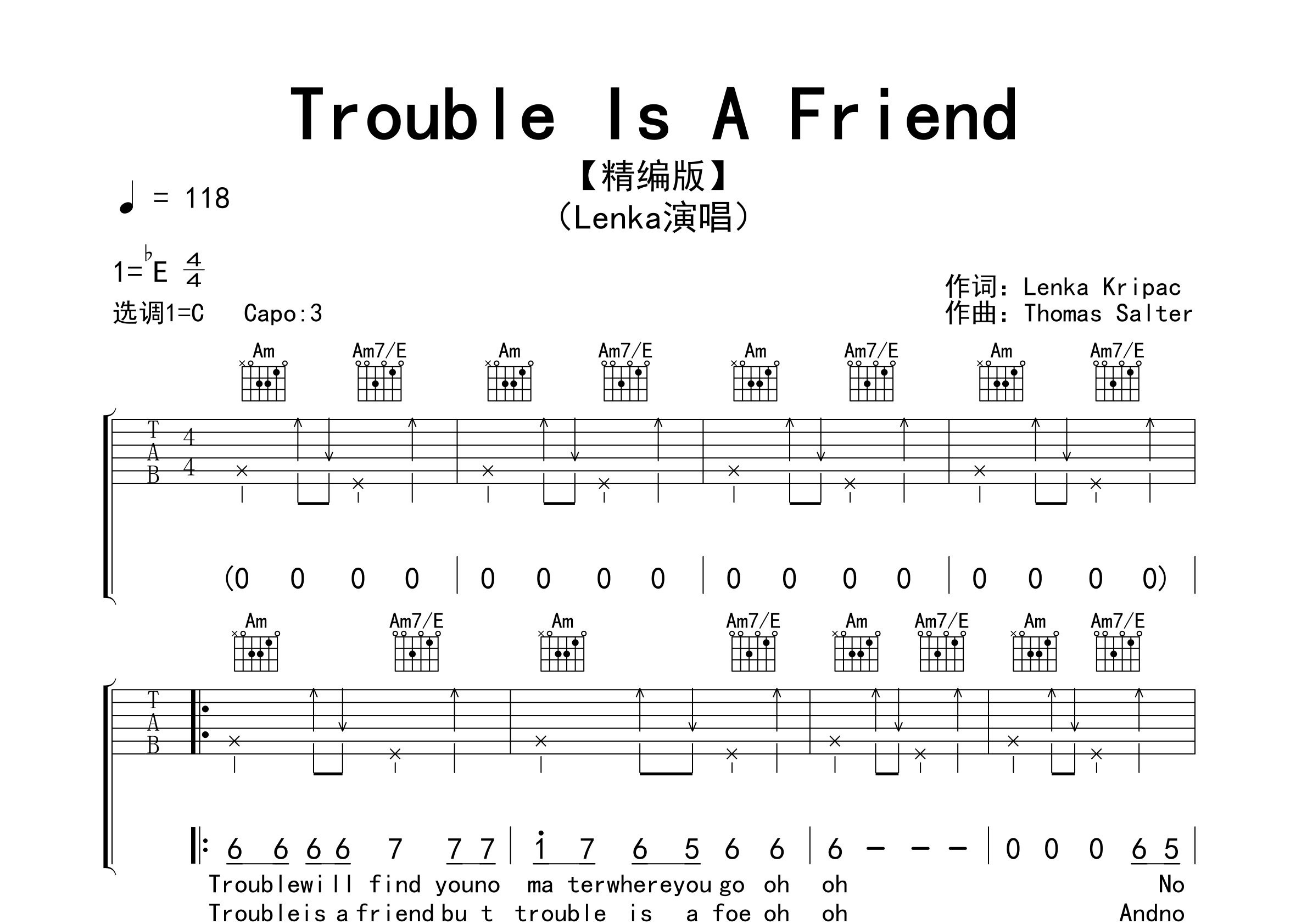 Trouble-Is-A-Friend吉他谱预览图