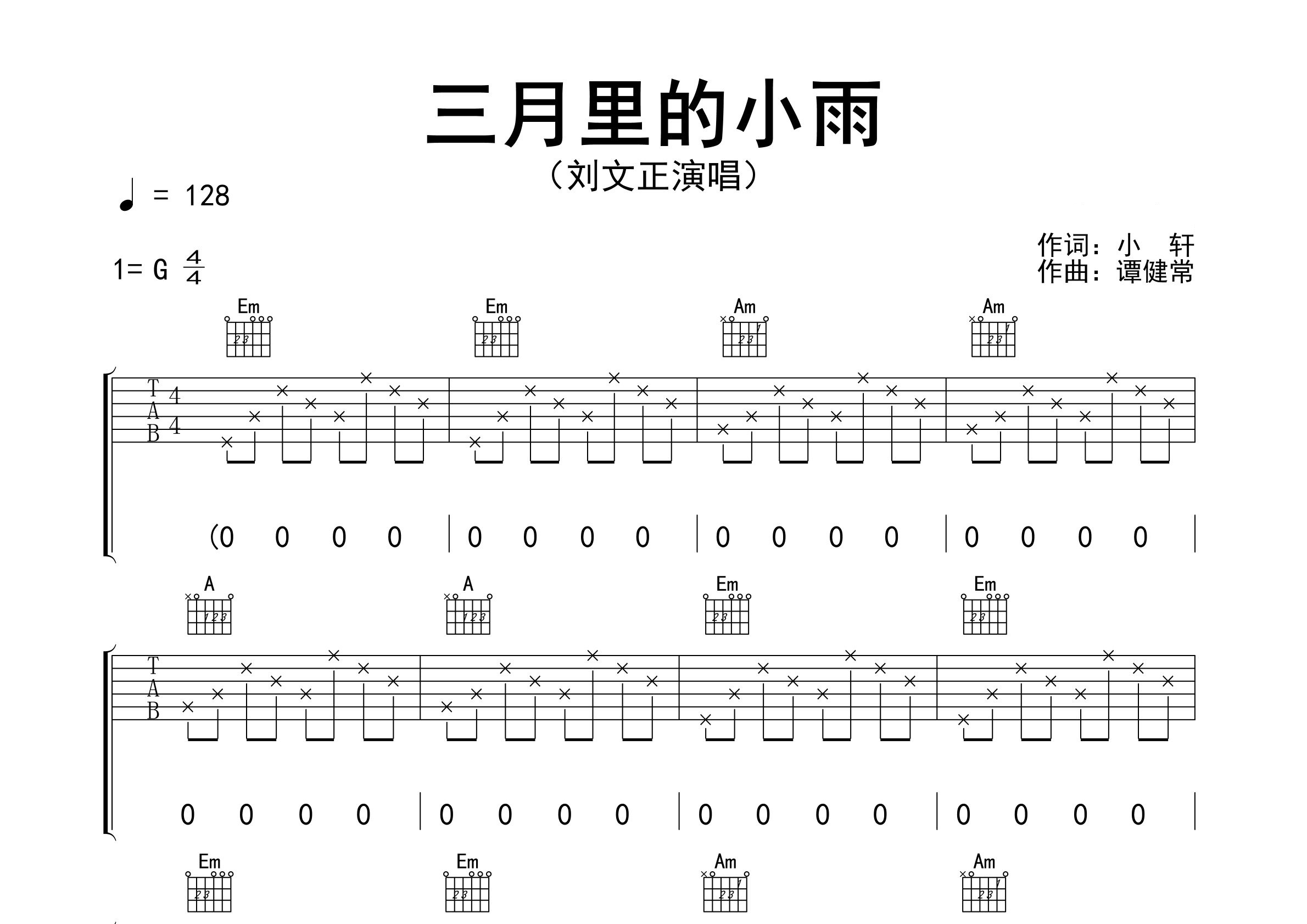 三月里的小雨吉他谱预览图