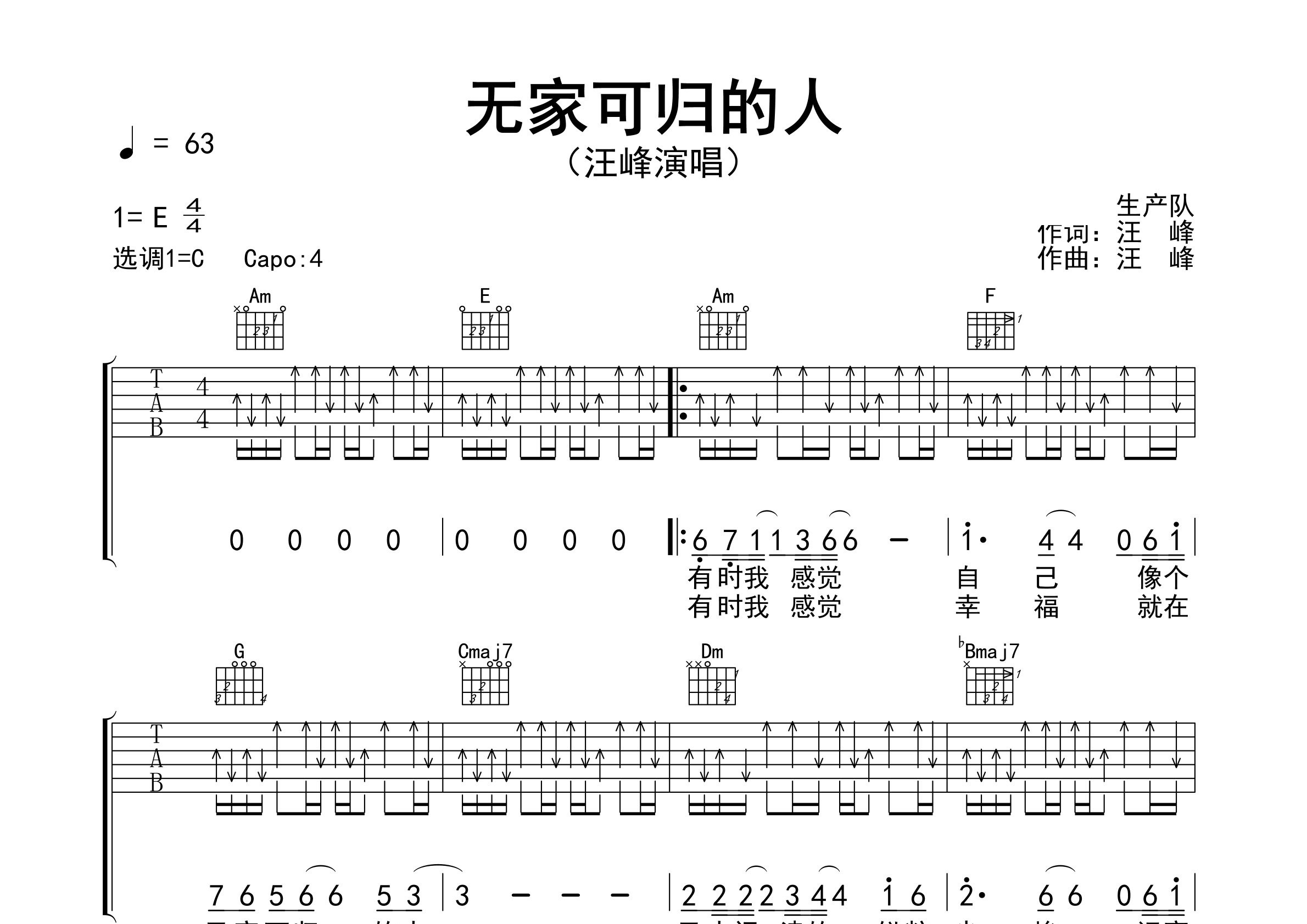 无家可归的人吉他谱预览图