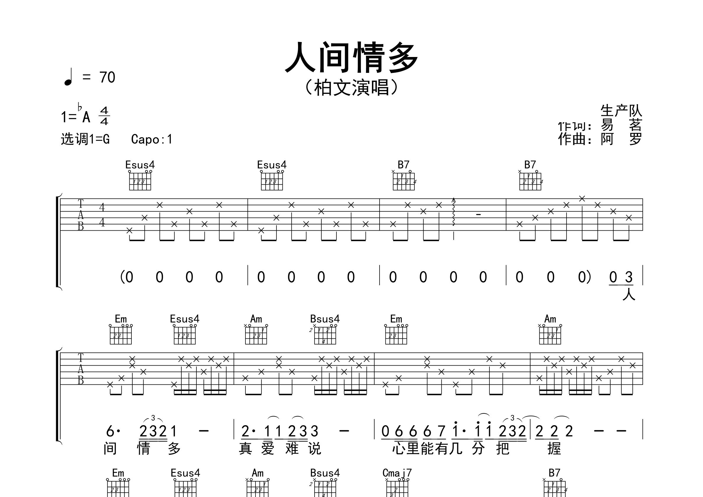 人间情多吉他谱预览图