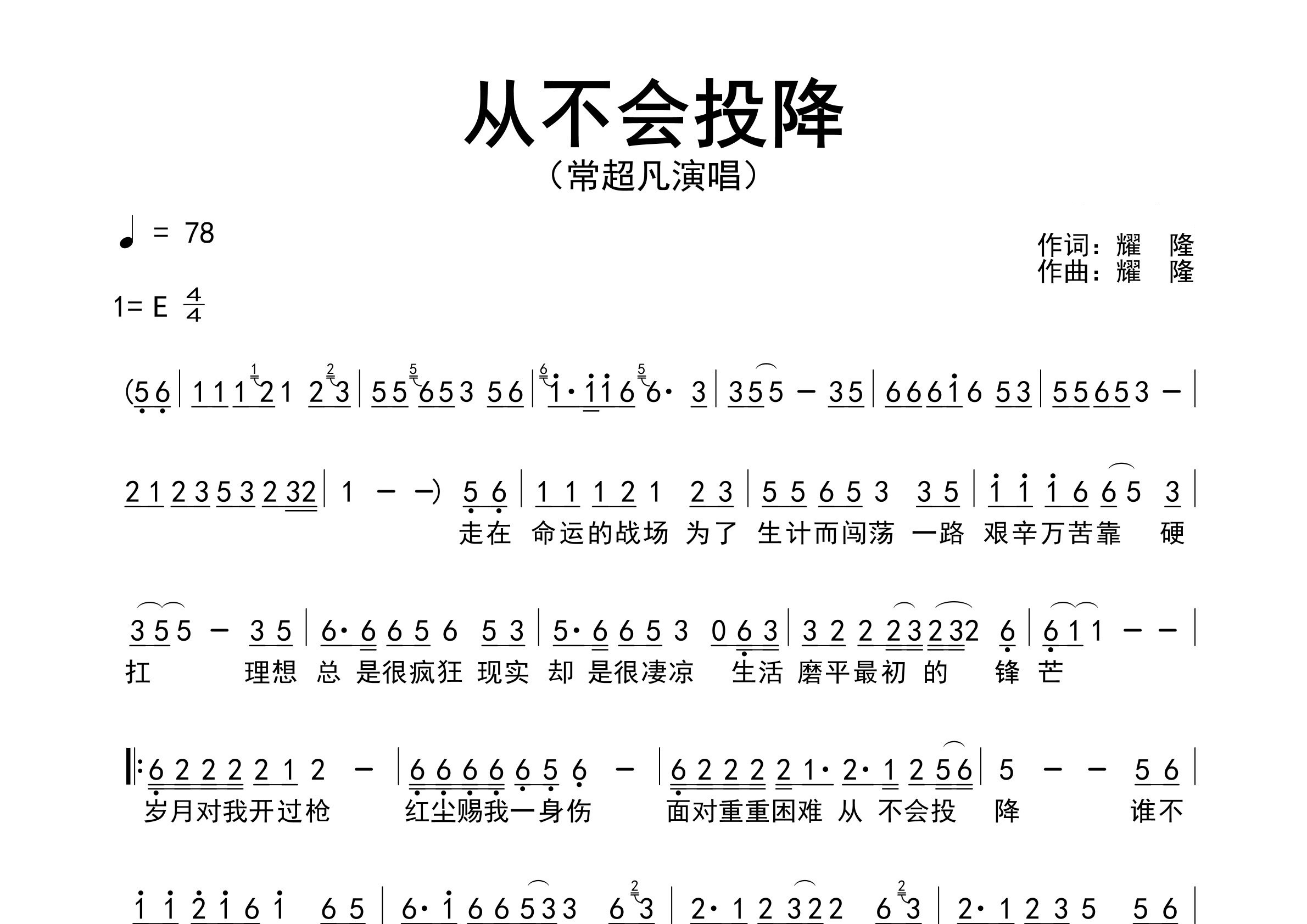从不会投降歌曲简谱预览图