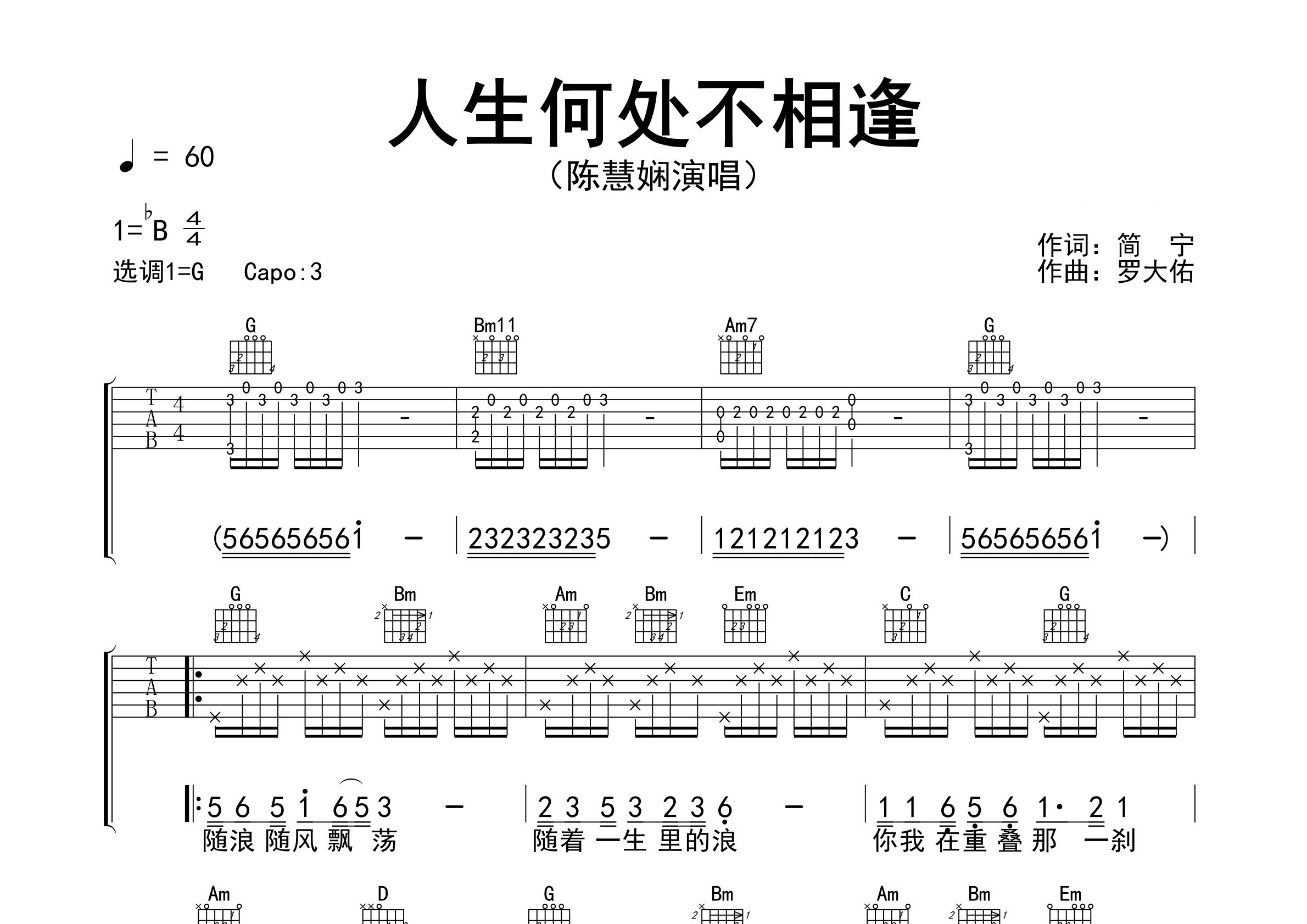 人生何处不相逢吉他谱预览图