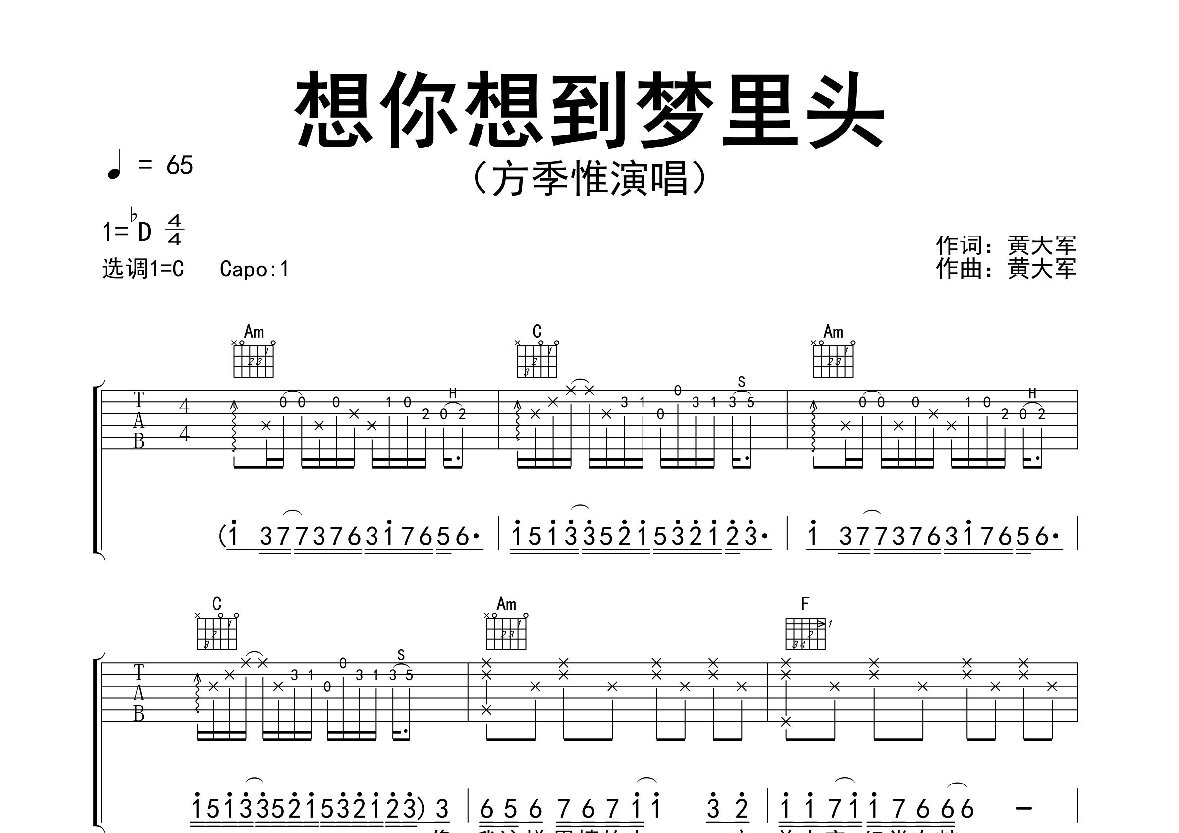 想你想到梦里头吉他谱预览图