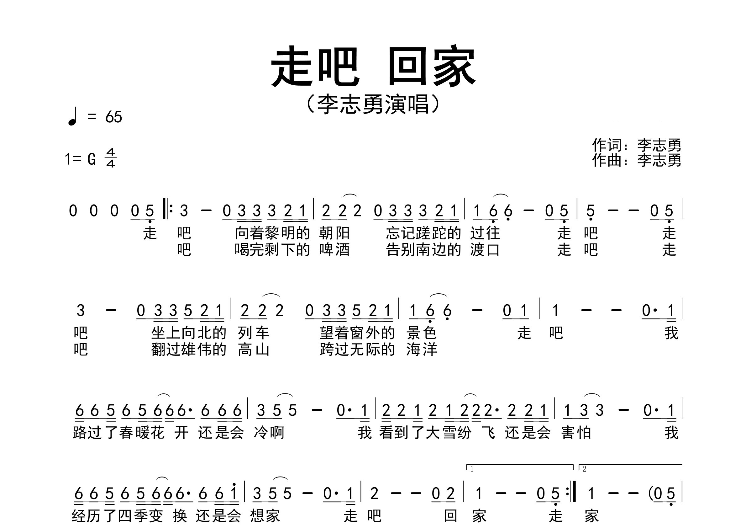 走吧回家歌曲简谱预览图