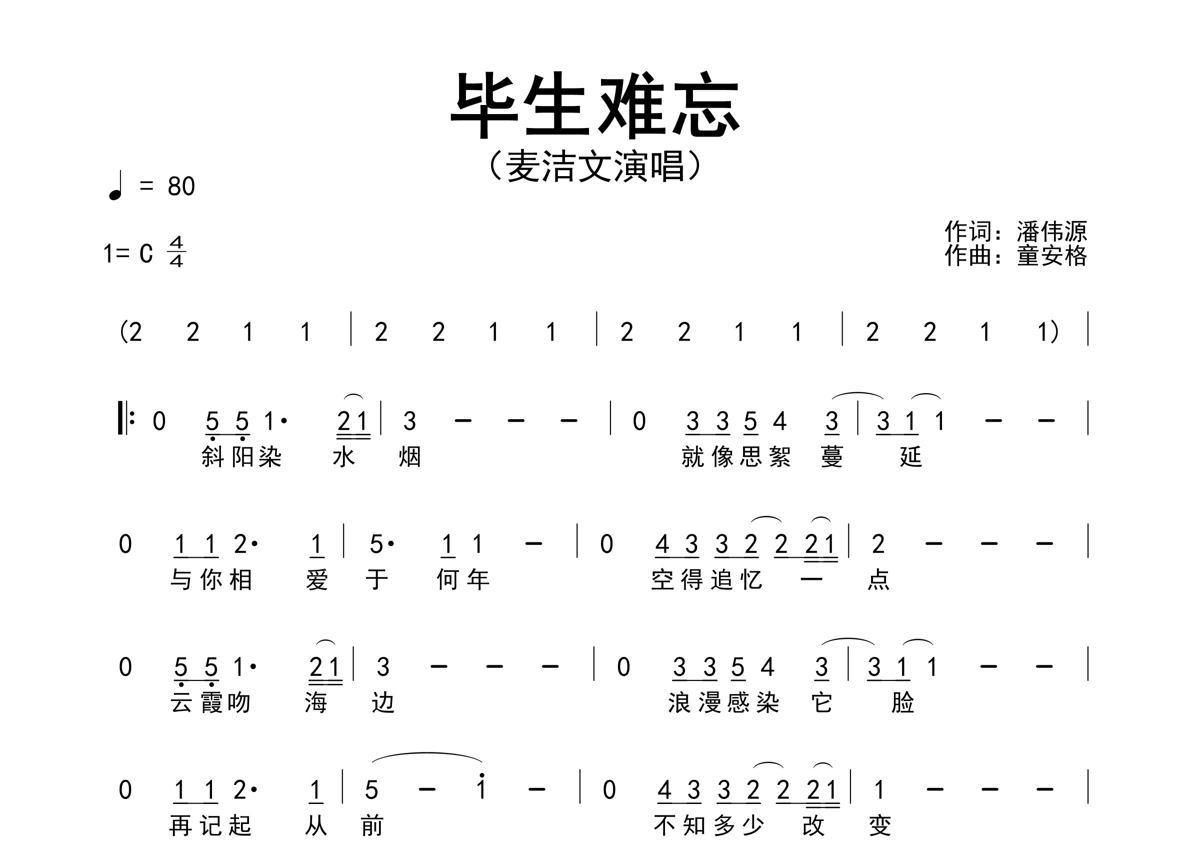 毕生难忘歌曲简谱预览图