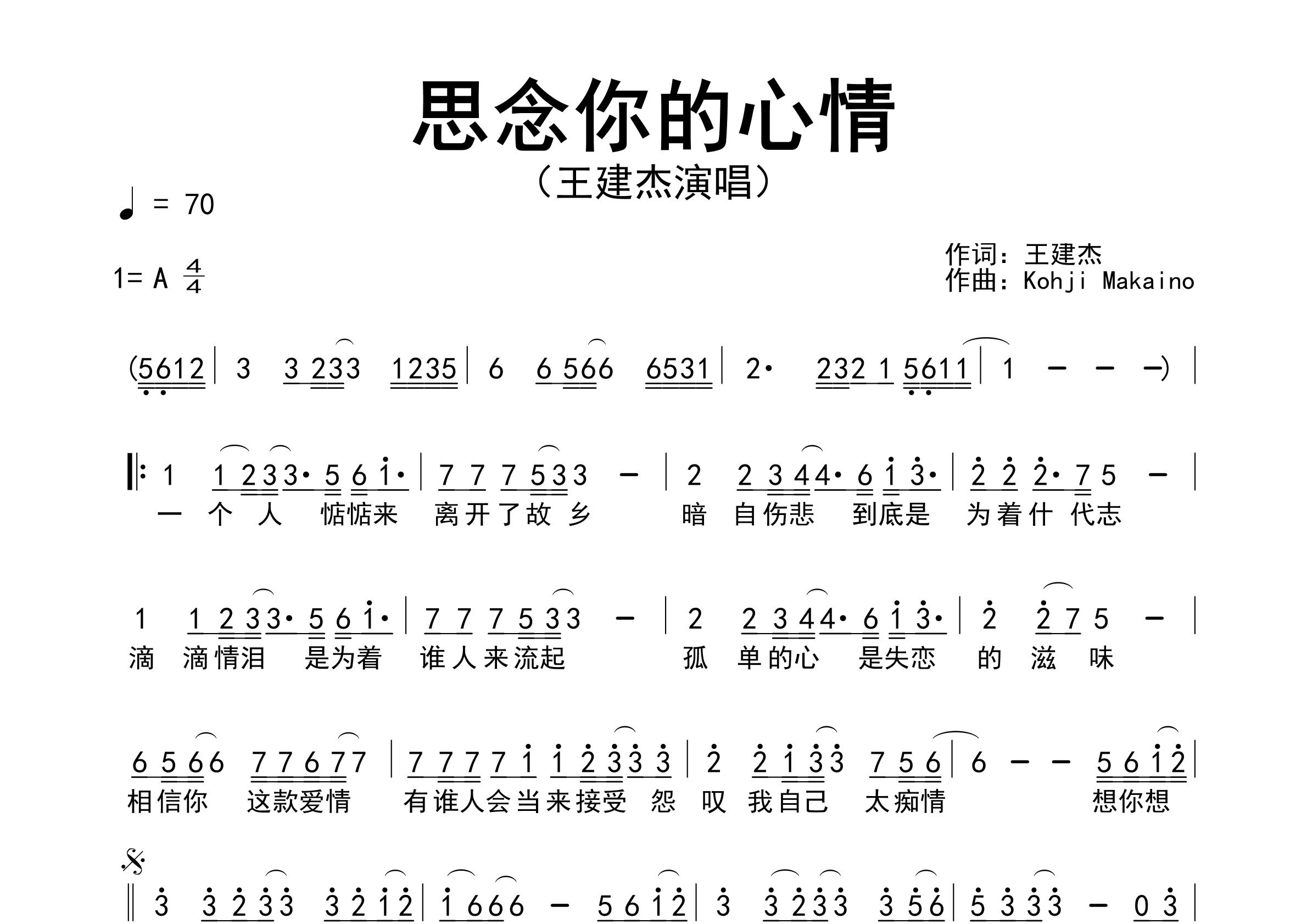 思念你的心情歌曲简谱预览图
