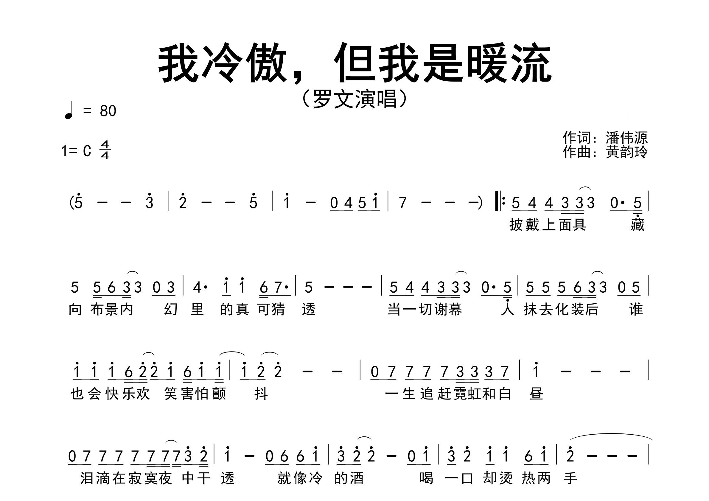 我冷傲但我是暖流歌曲简谱预览图