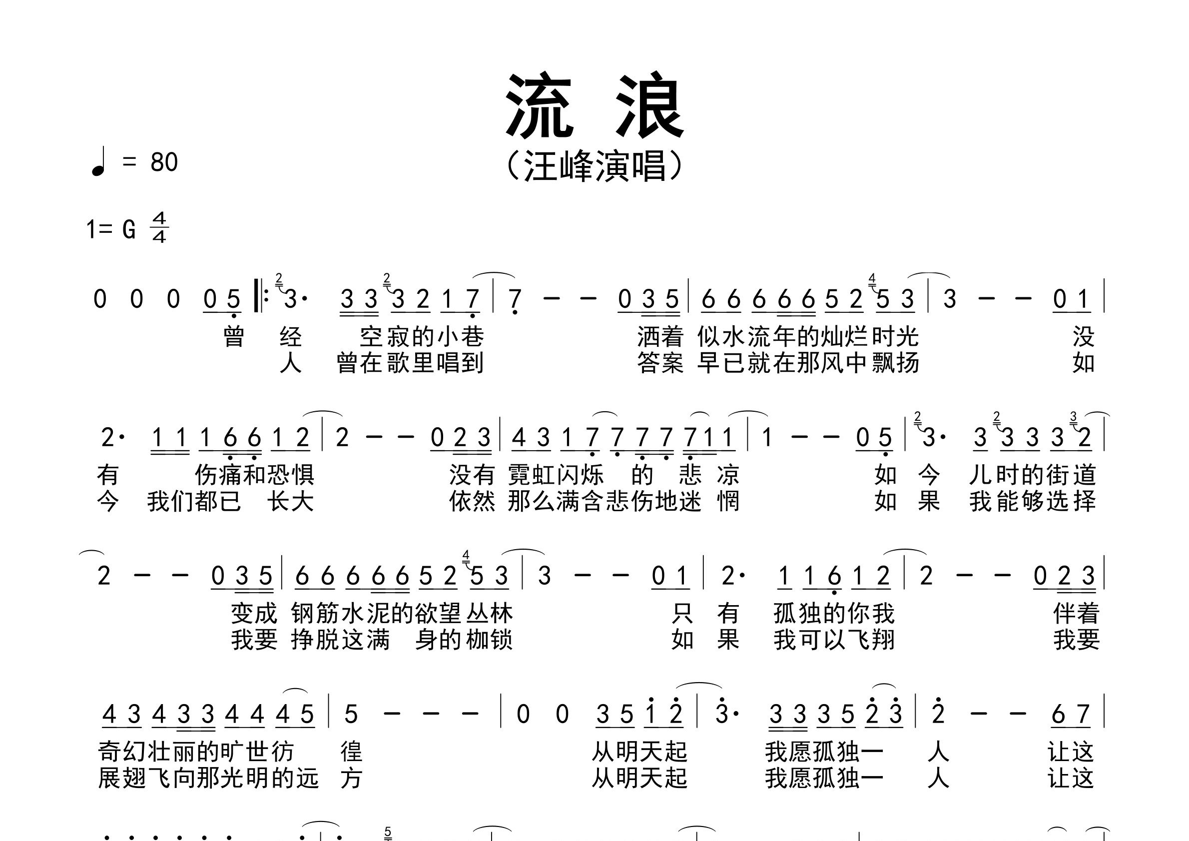 流浪歌曲简谱预览图