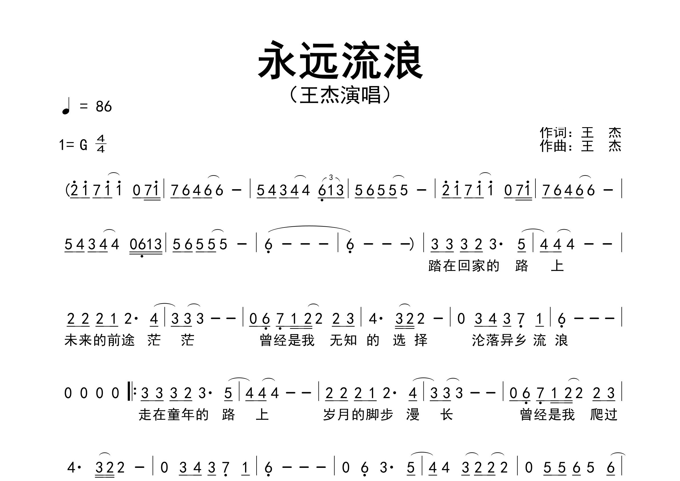 永远流浪歌曲简谱预览图