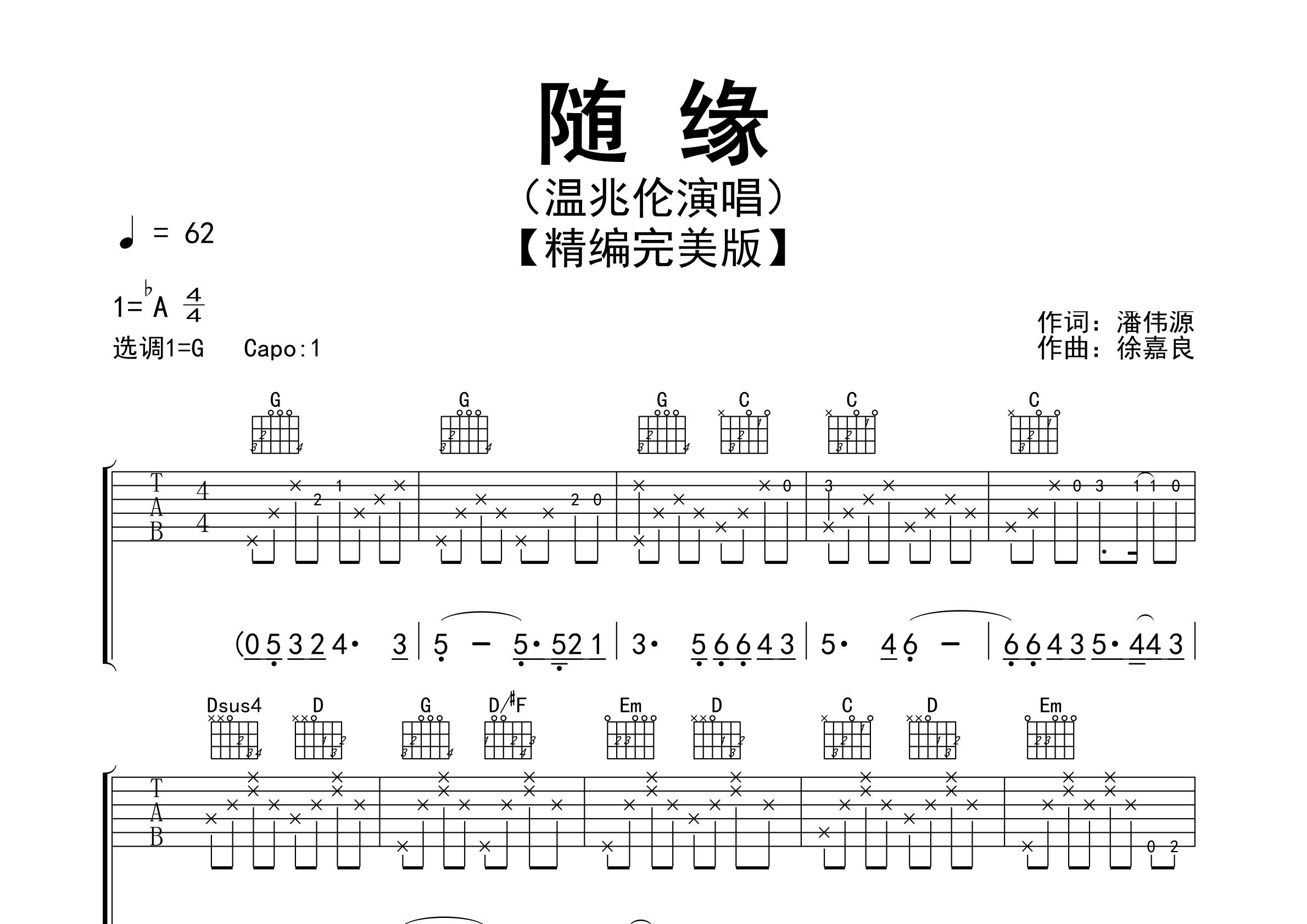 随缘吉他谱预览图