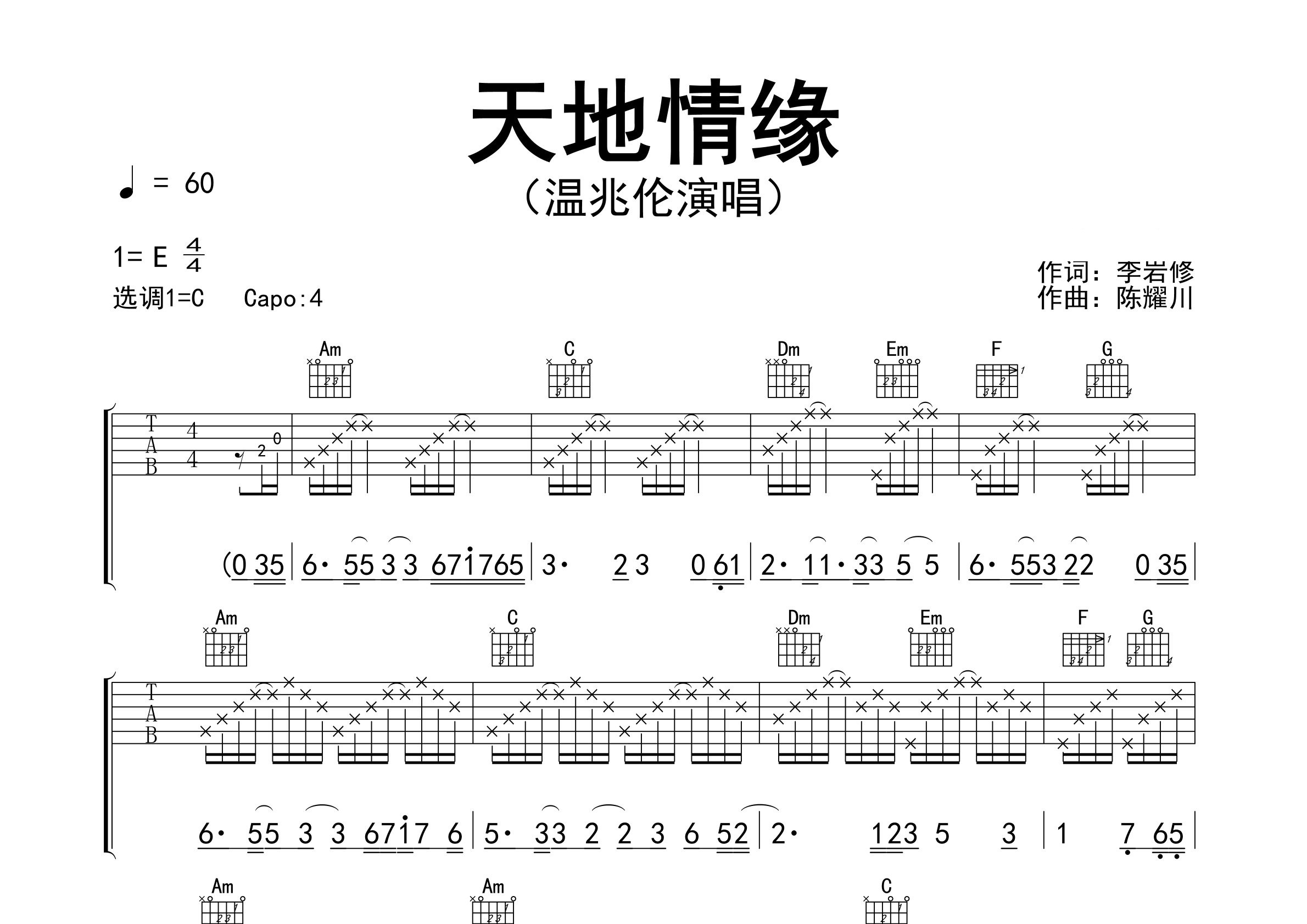 天地情缘吉他谱预览图