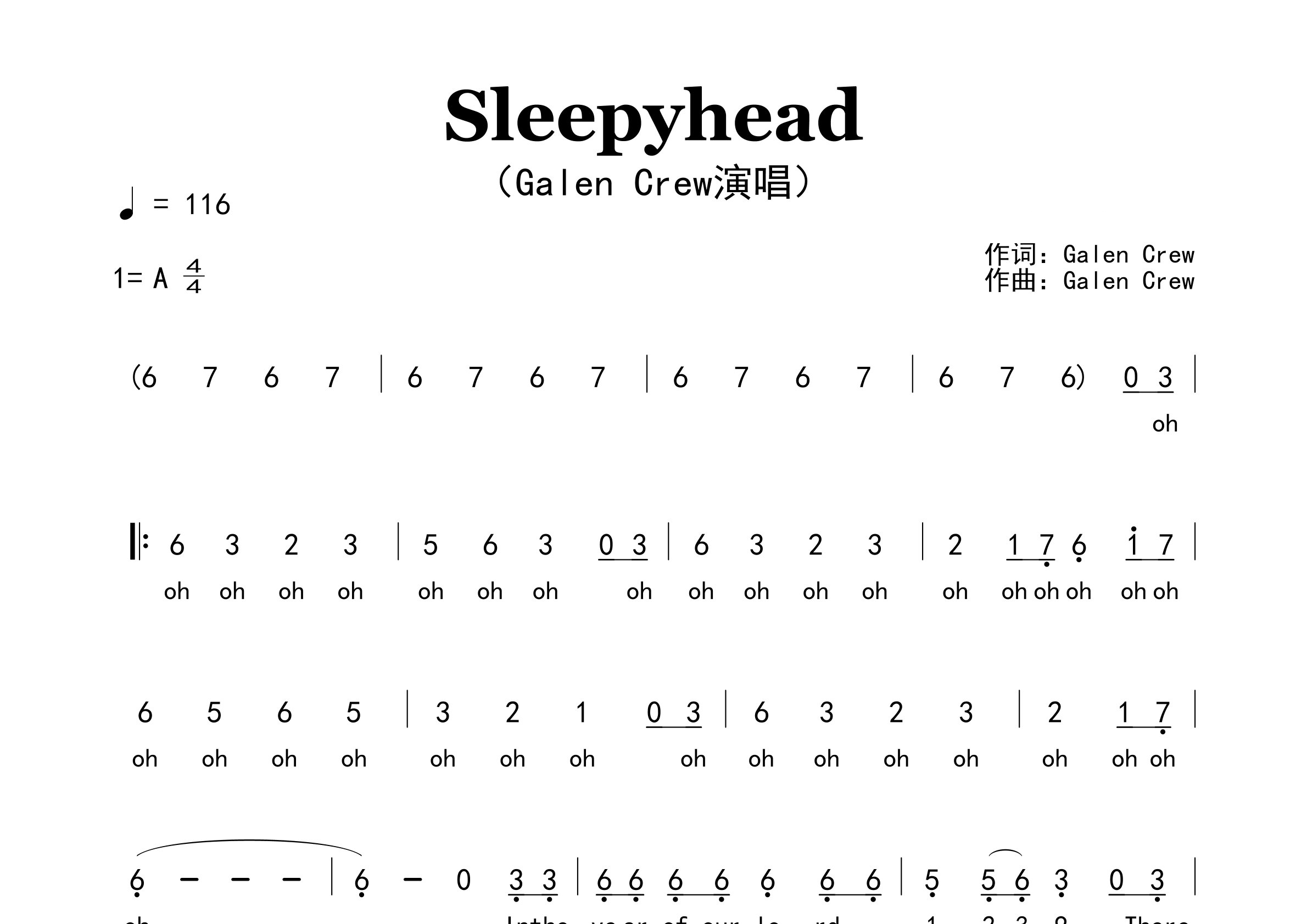 Sleepyhead歌曲简谱预览图
