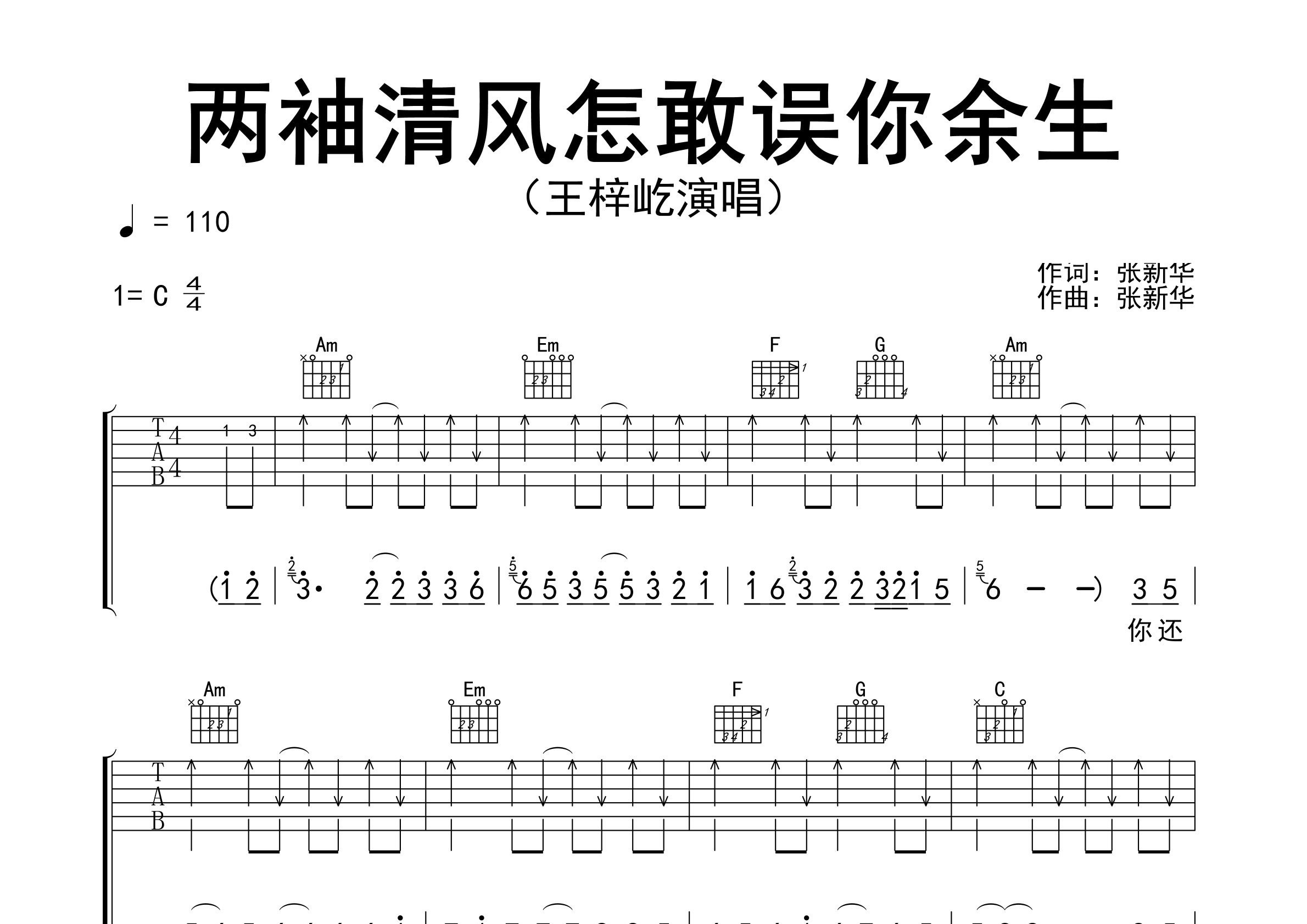 两袖清风怎敢误你余生吉他谱预览图