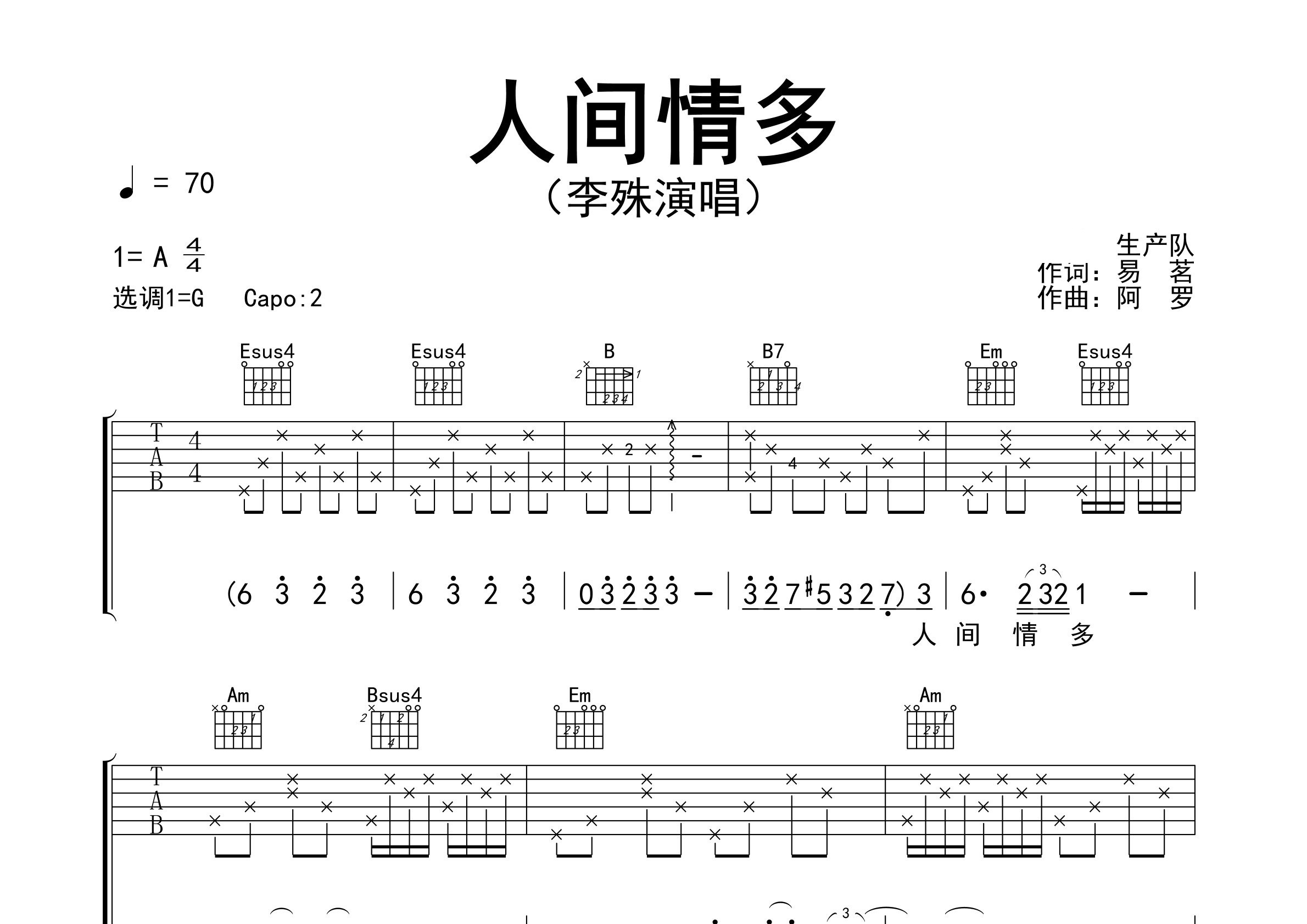 人间情多吉他谱预览图