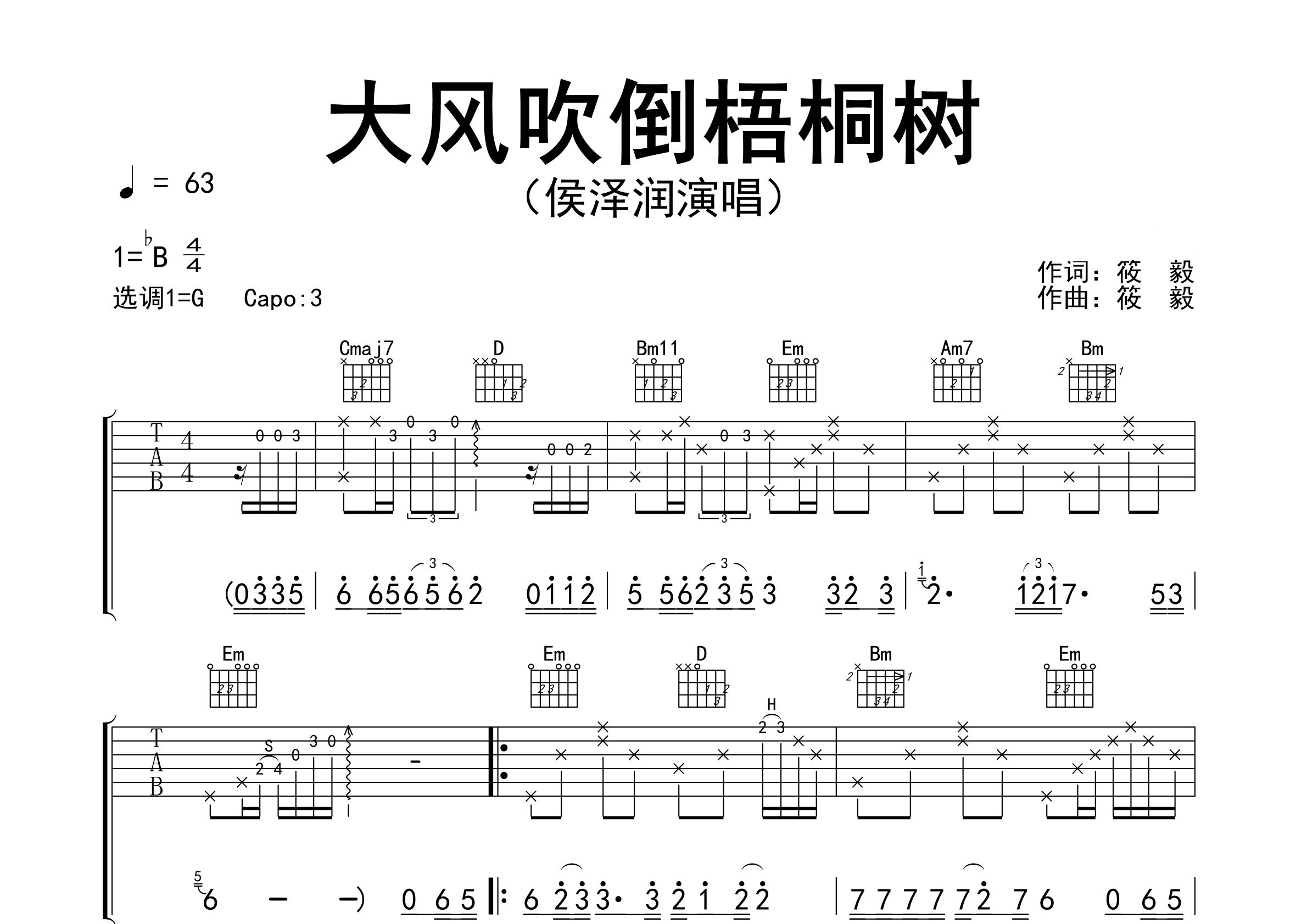 大风吹倒梧桐树吉他谱预览图