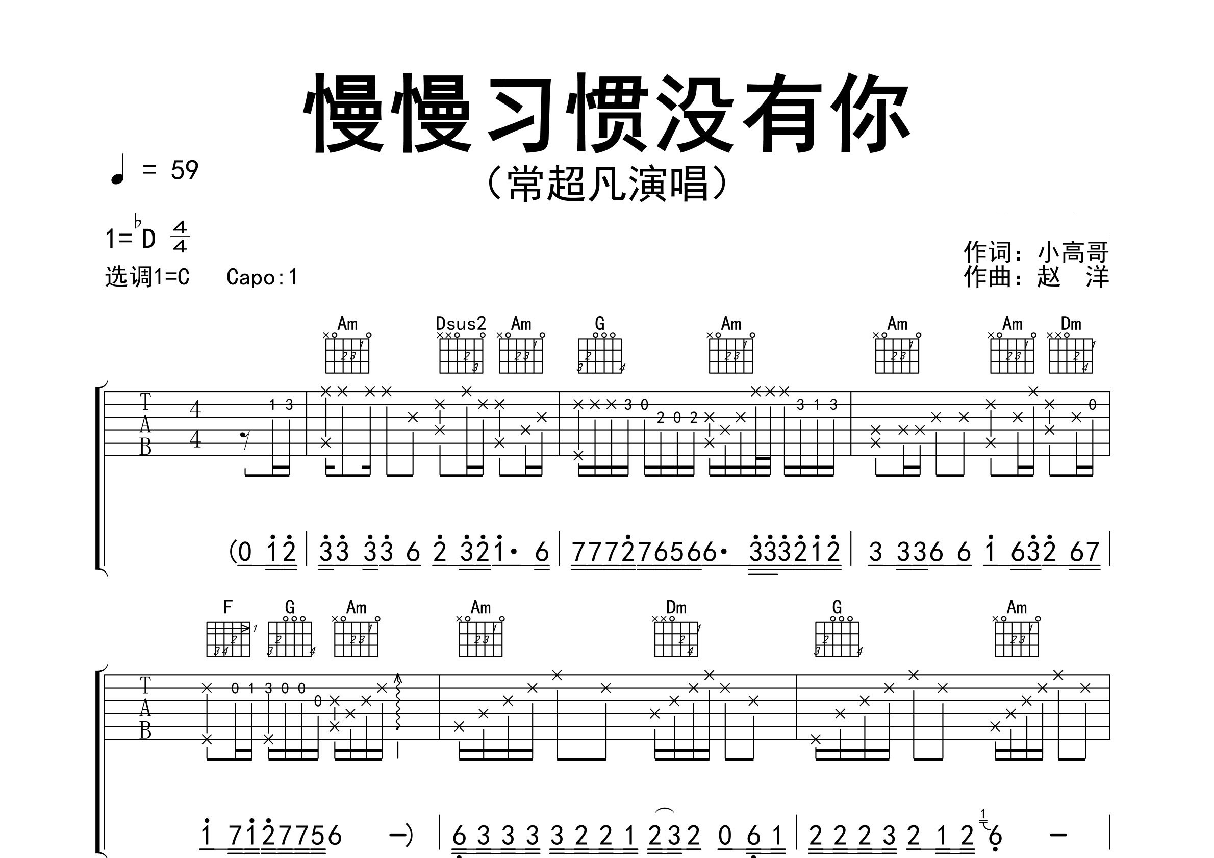 慢慢习惯没有你吉他谱预览图