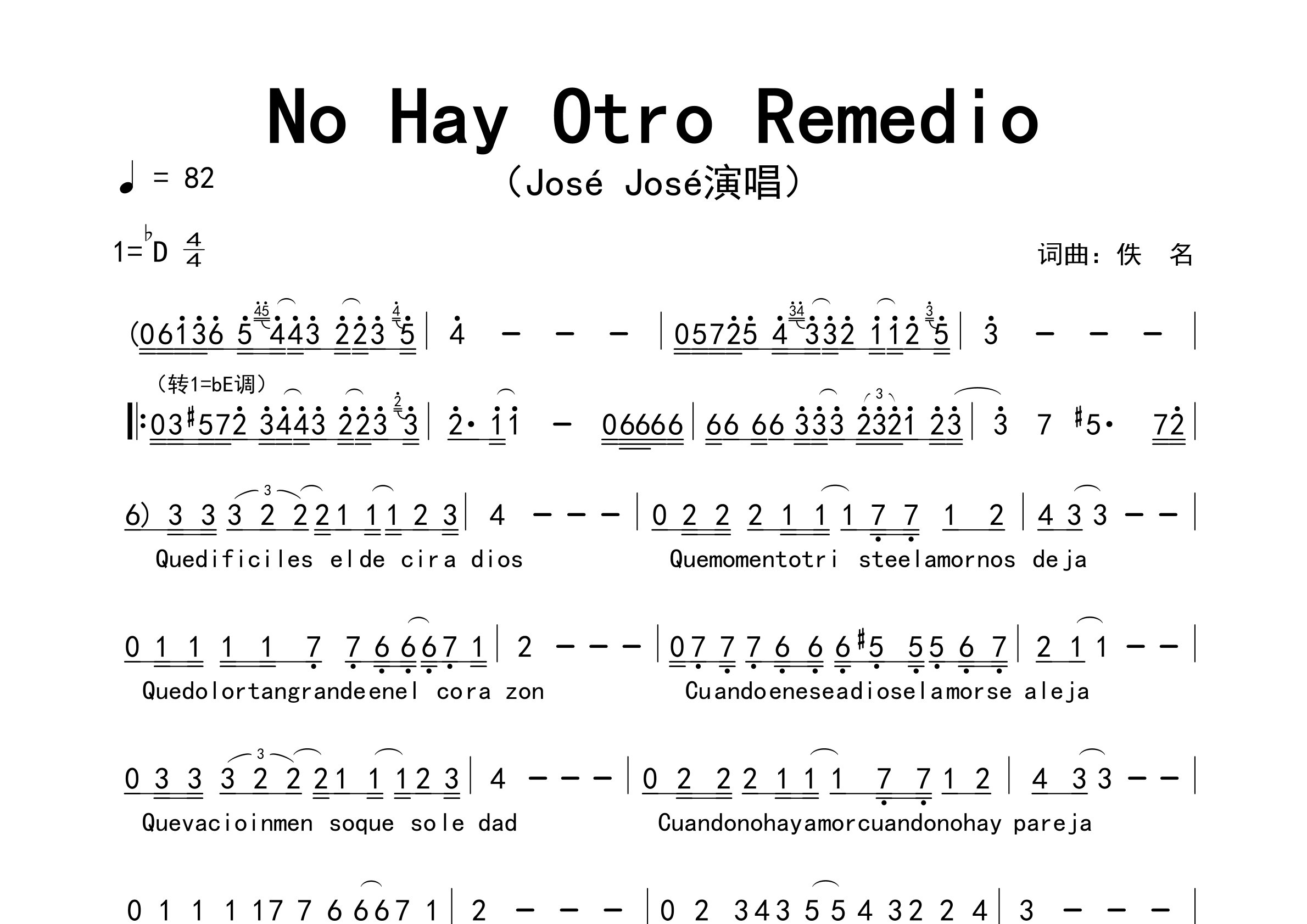 No-Hay-Otro-Remedio歌曲简谱预览图