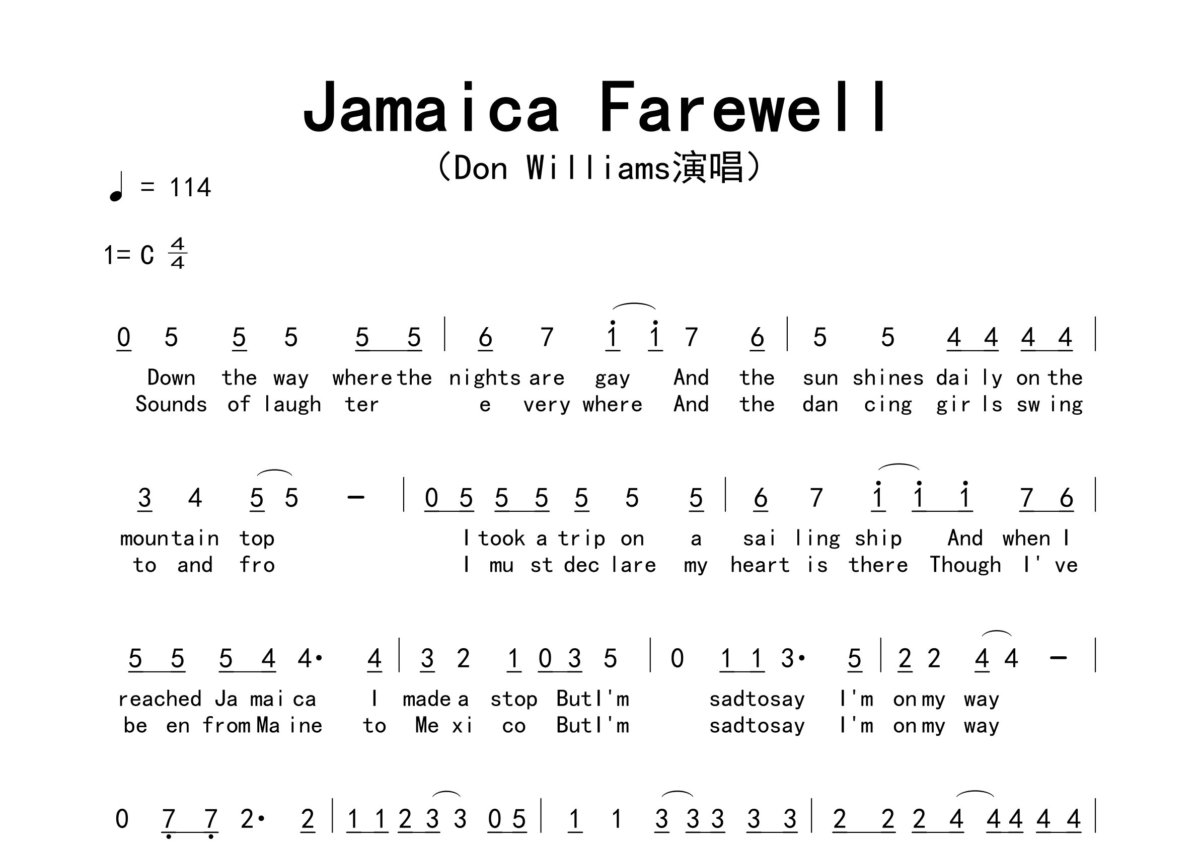 Jamaica-Farewell歌曲简谱预览图