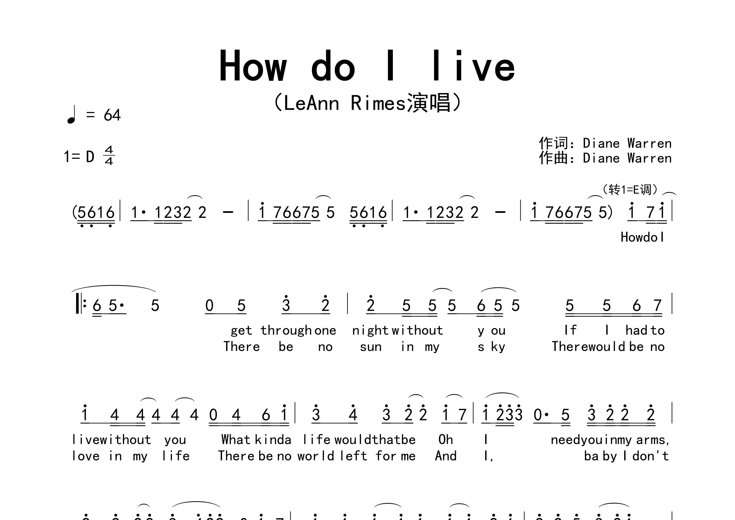 How-Do-I-Live歌曲简谱预览图