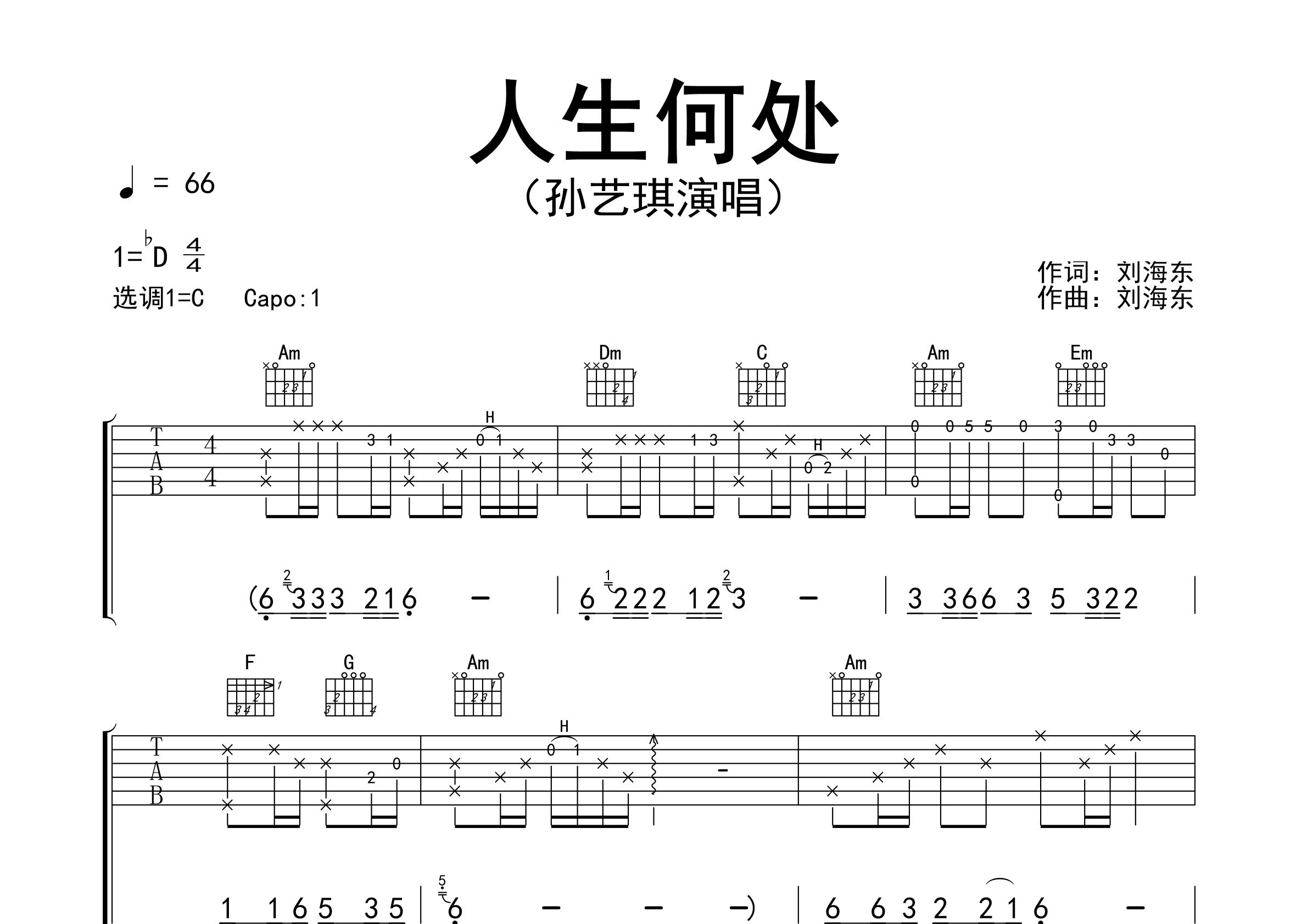 人生何处吉他谱预览图