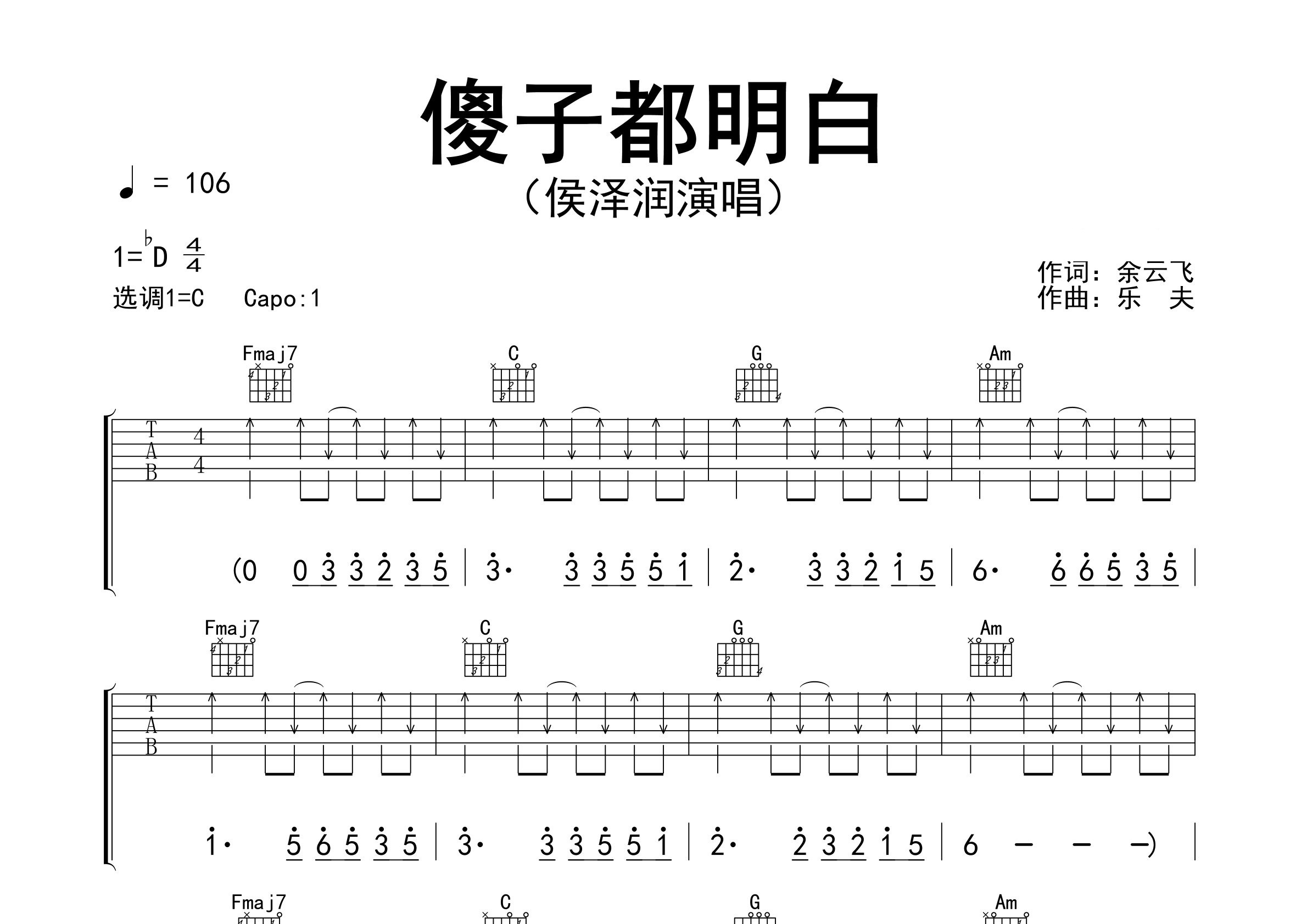傻子都明白吉他谱预览图