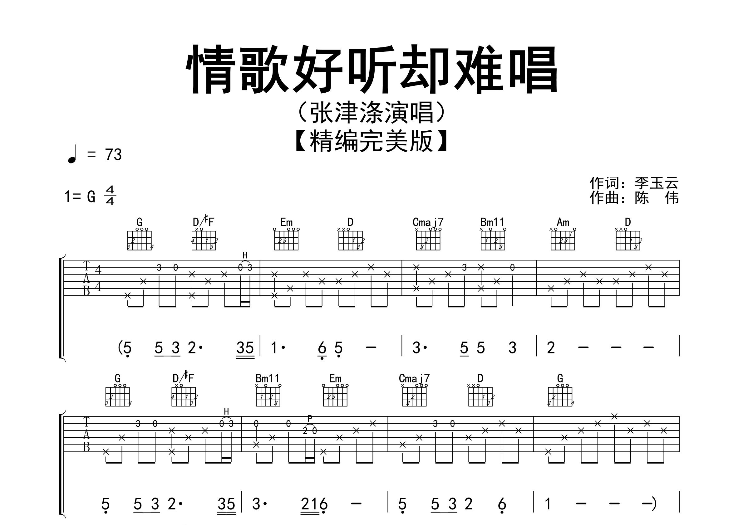 情歌好听却难唱吉他谱预览图