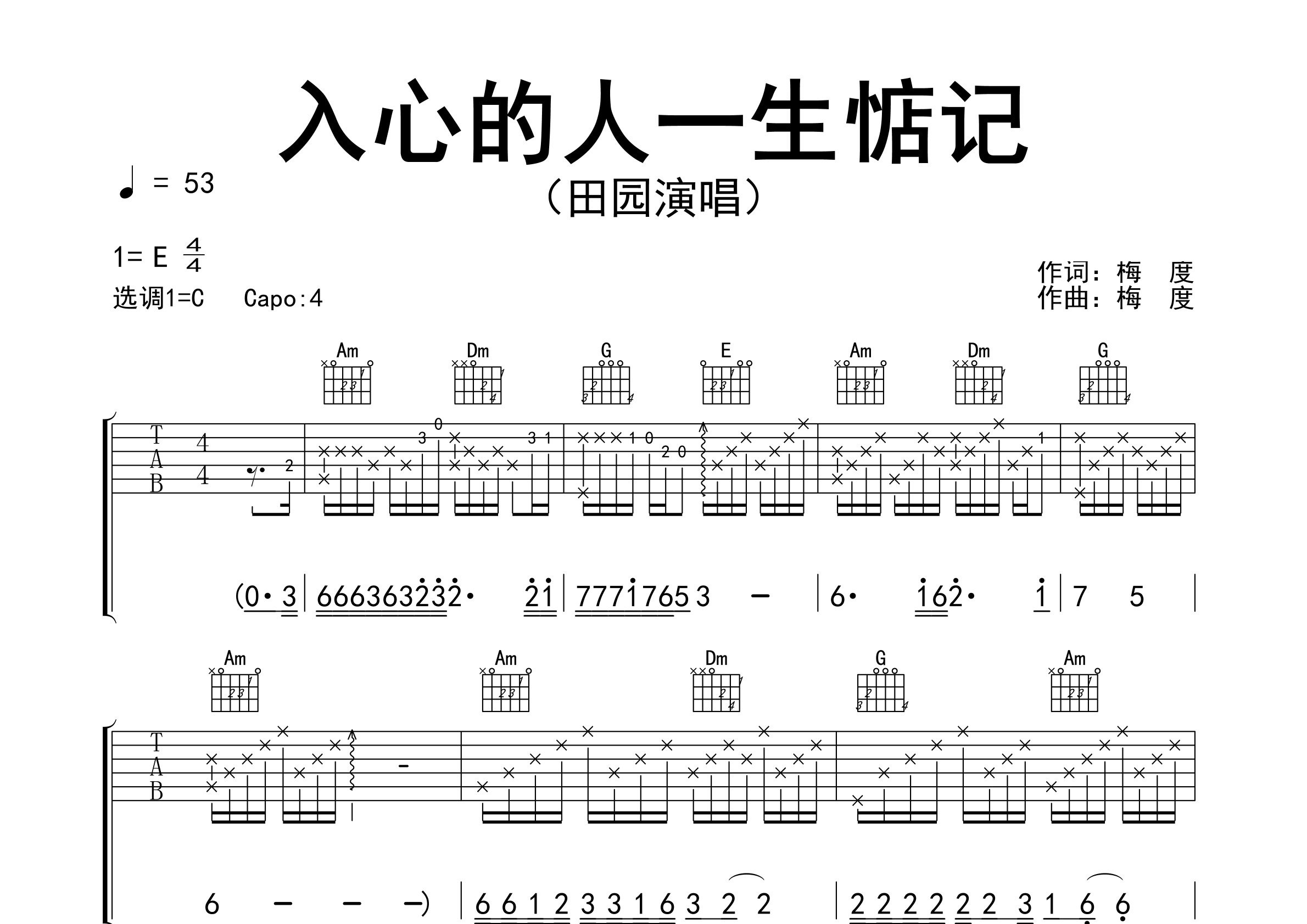 入心的人一生惦记吉他谱预览图