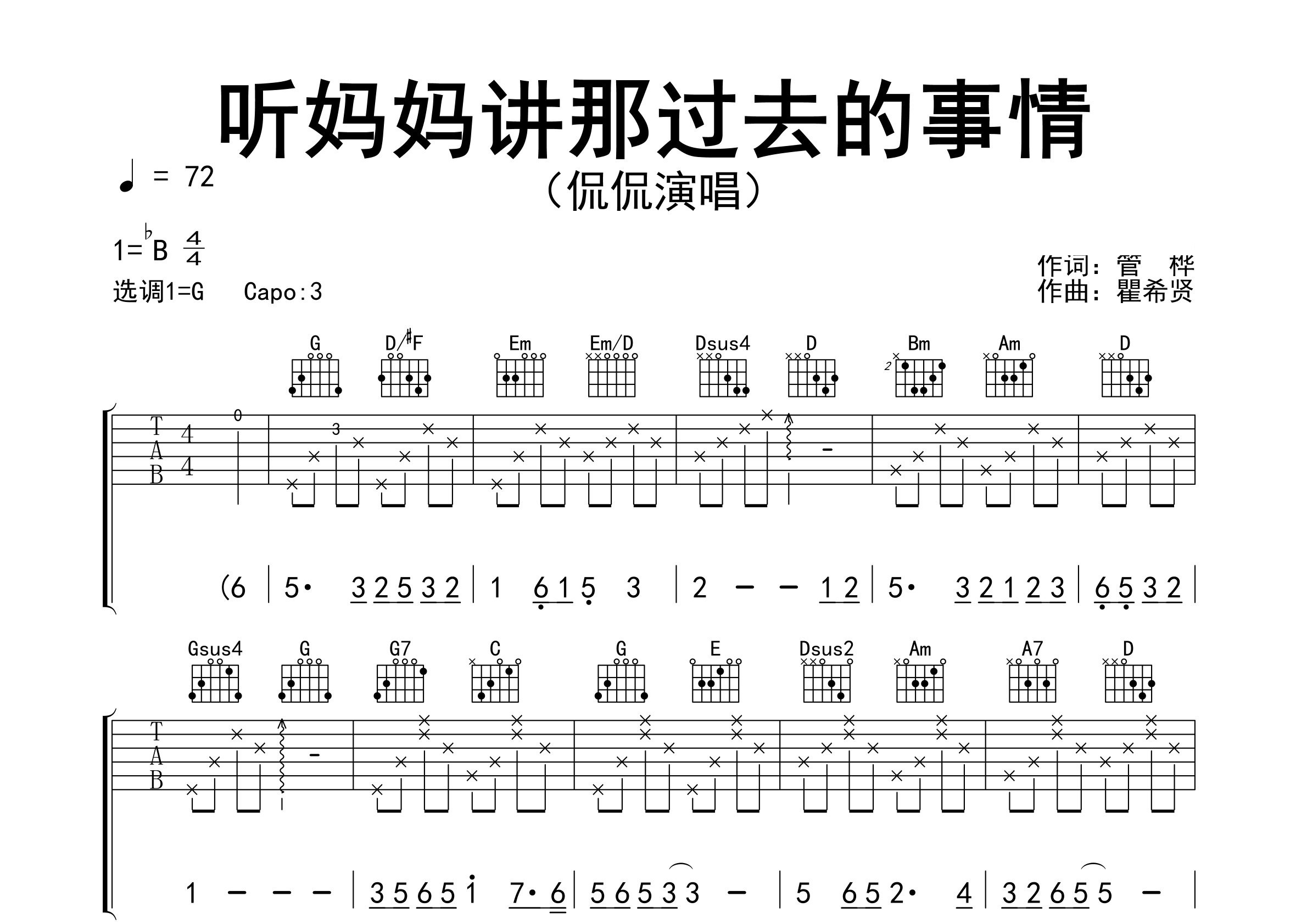 听妈妈讲那过去的事情吉他谱预览图