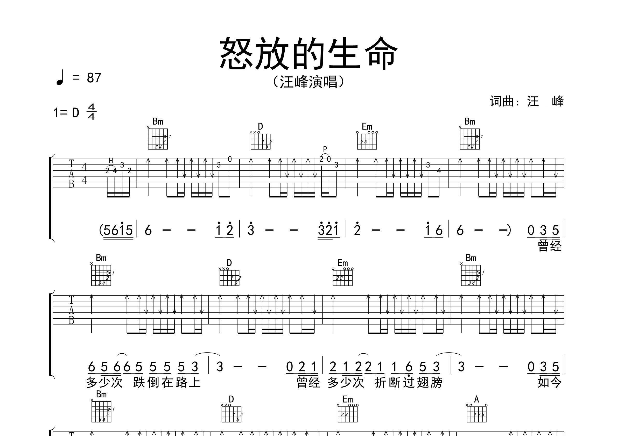 怒放的生命吉他谱预览图
