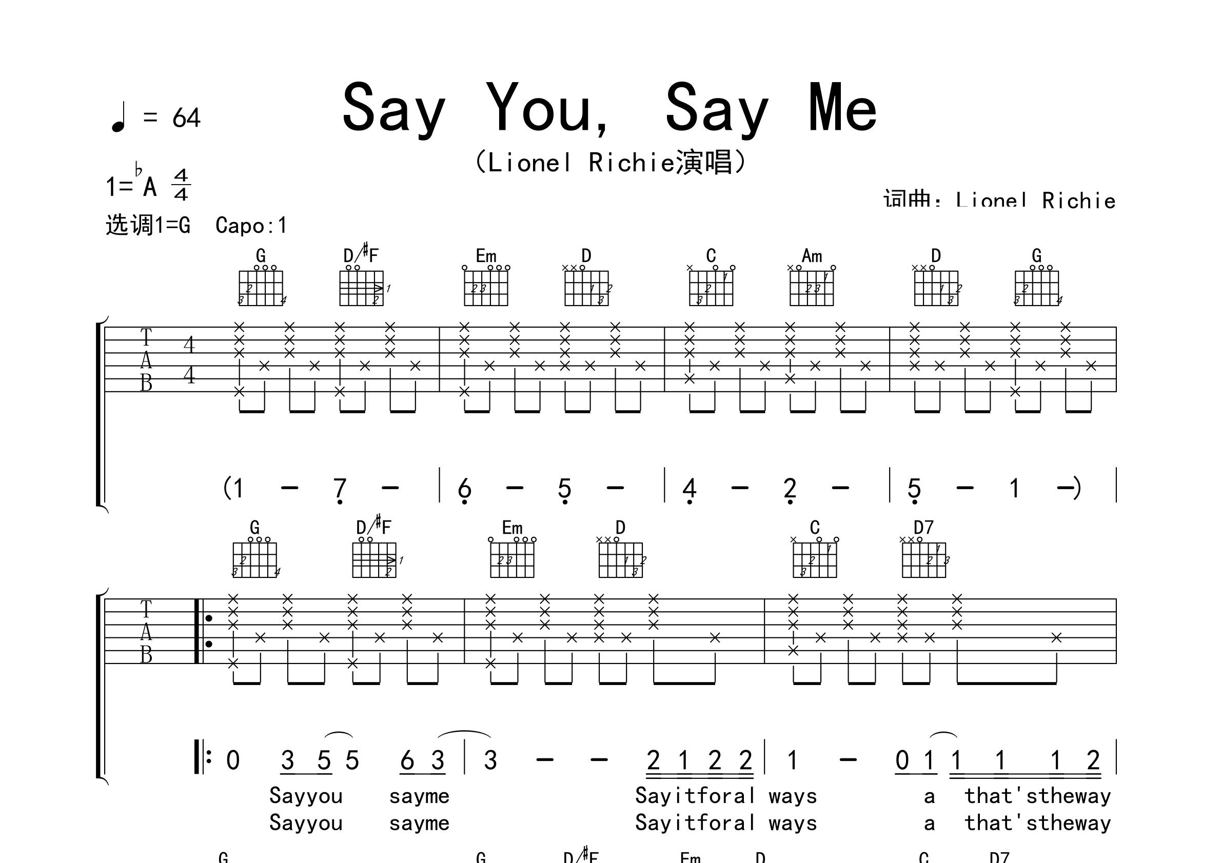 Say-You-Say-Me吉他谱预览图