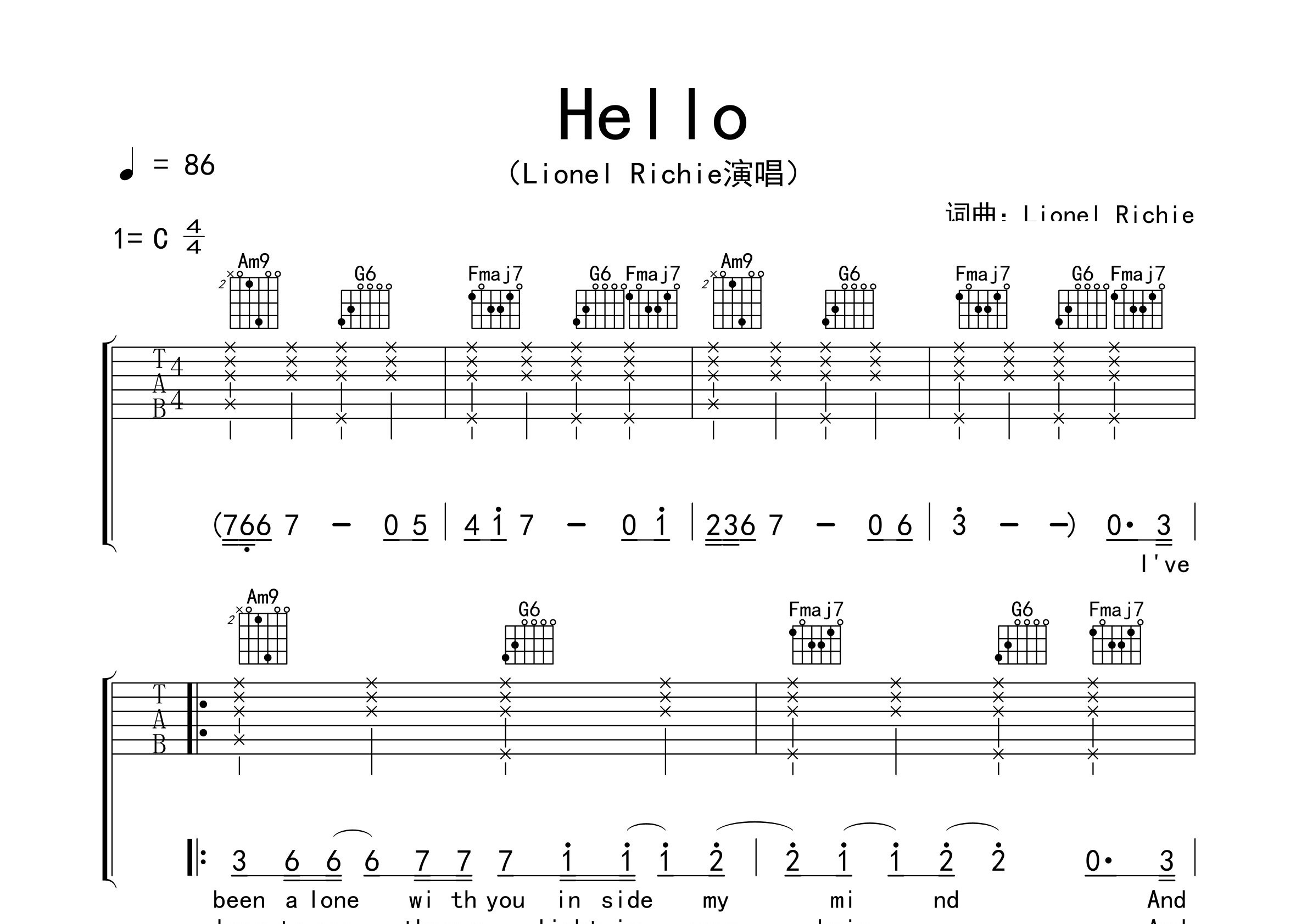 Hello吉他谱预览图