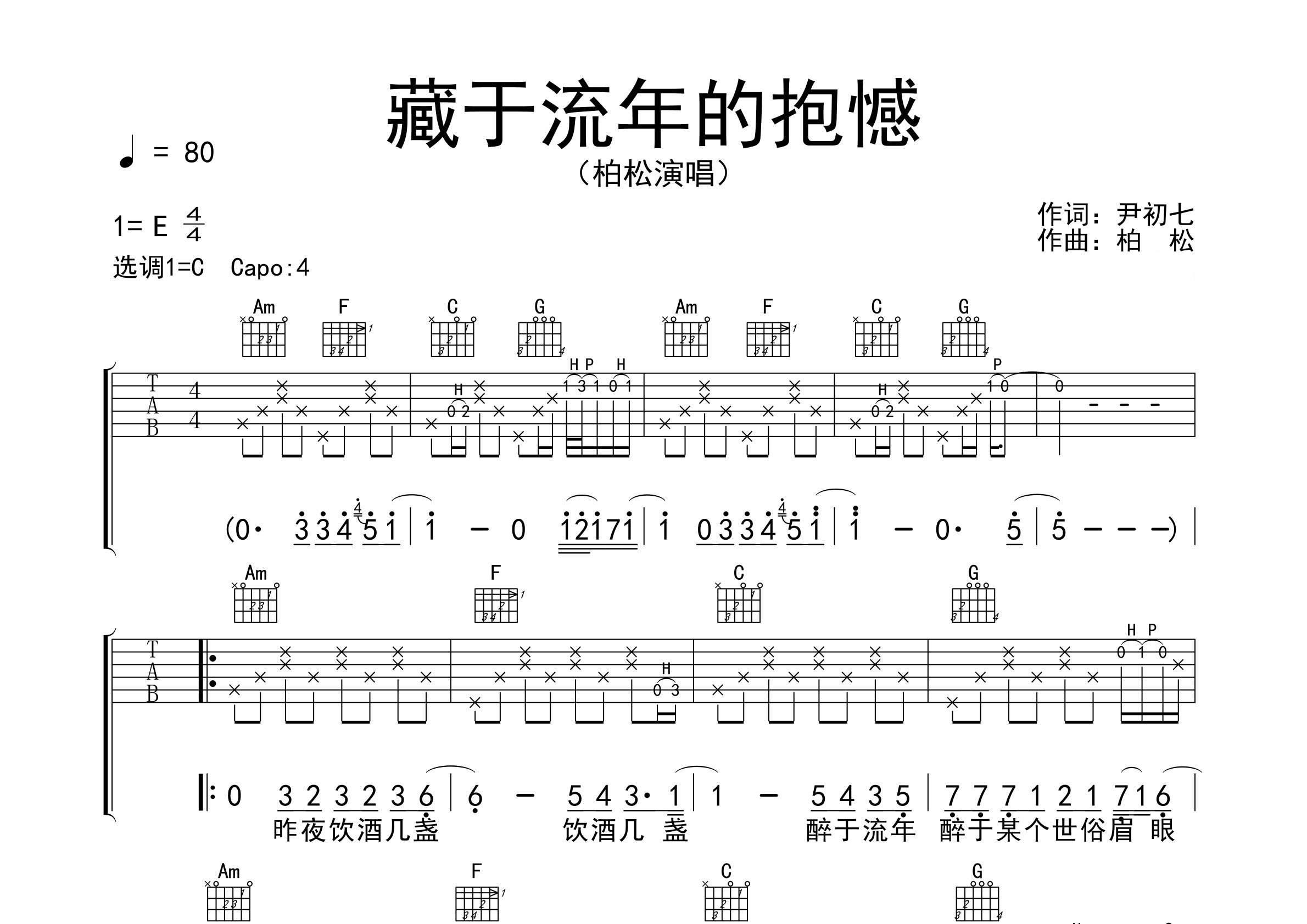 藏于流年的抱憾吉他谱预览图