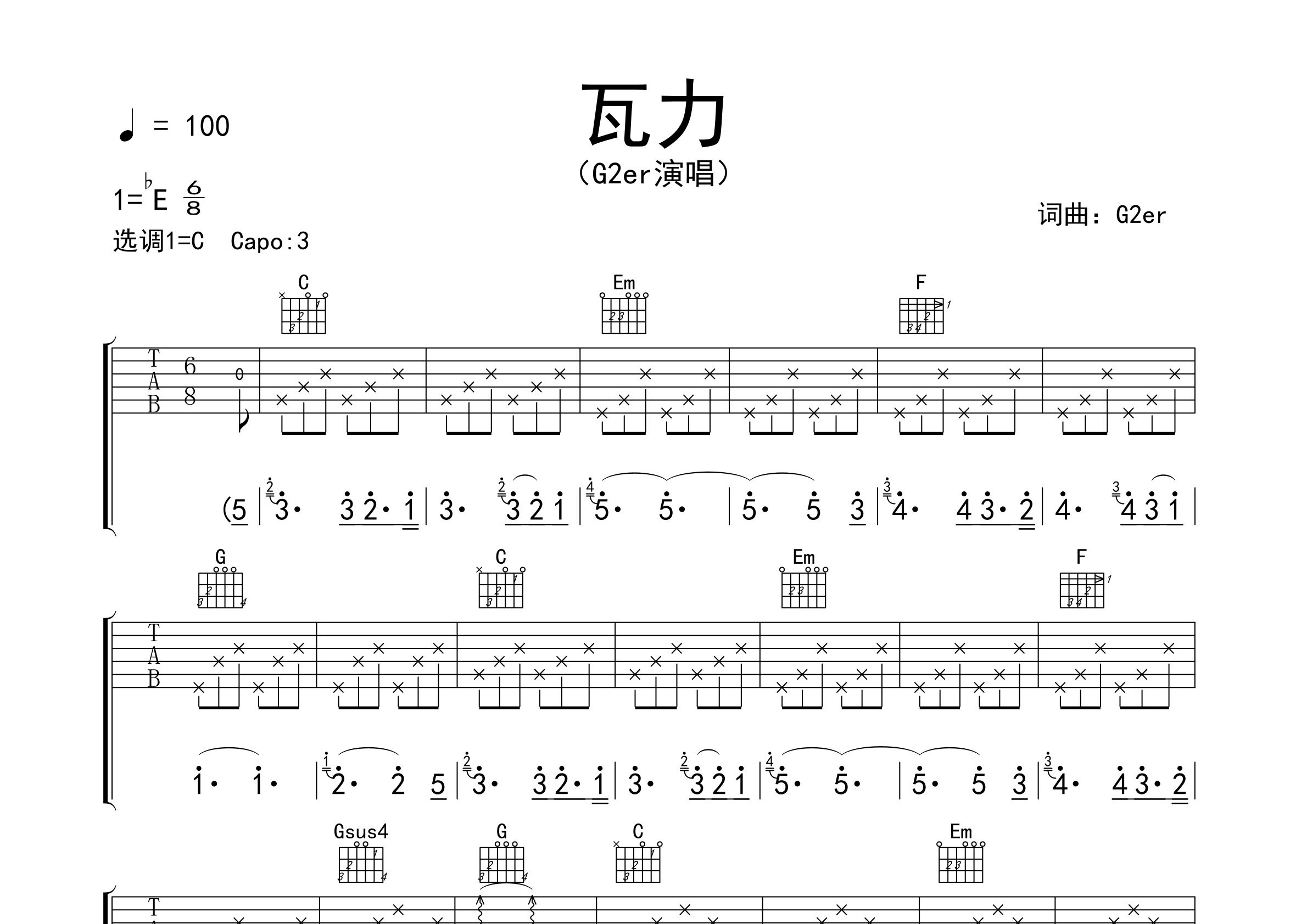 瓦力吉他谱预览图