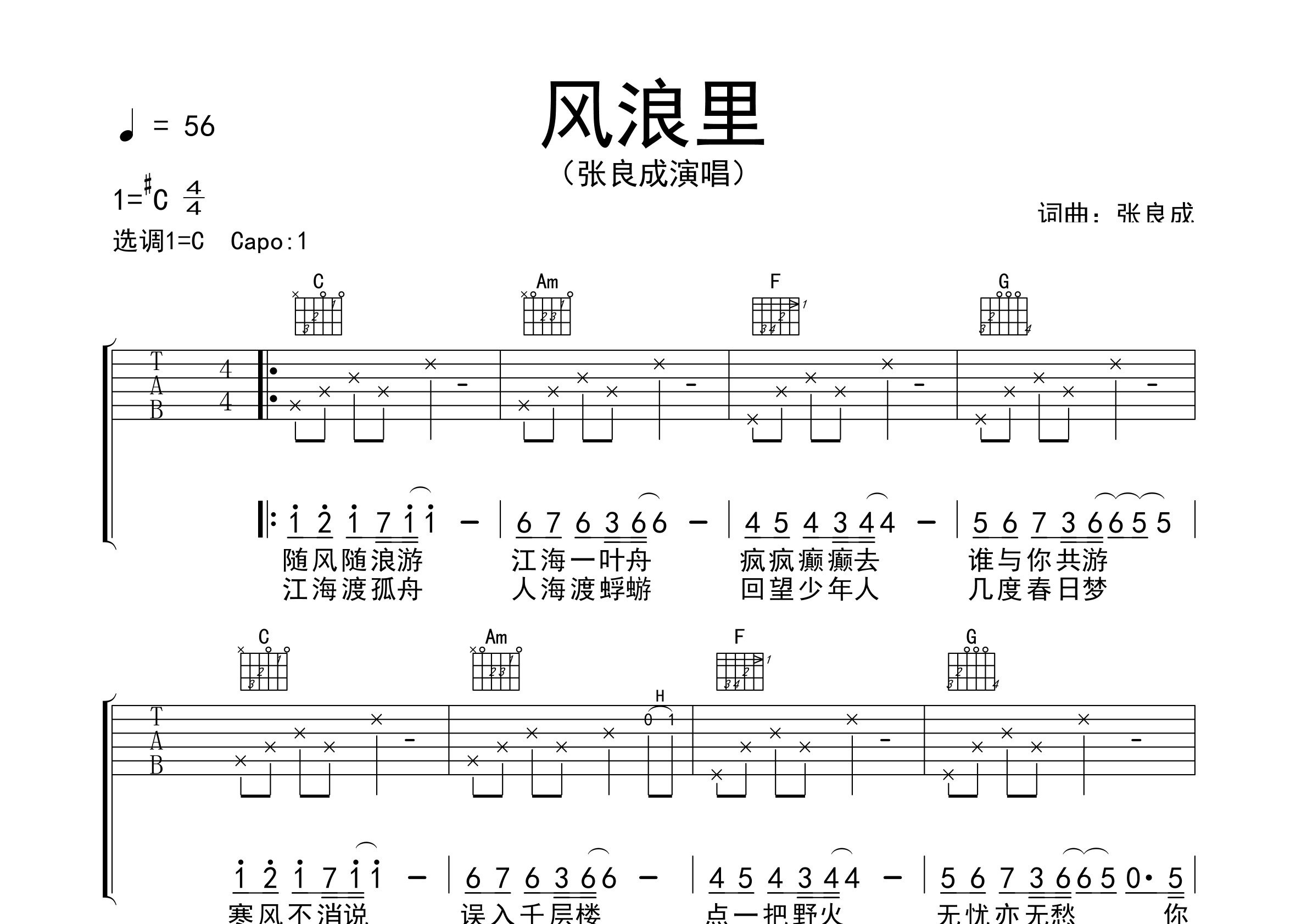风浪里吉他谱预览图