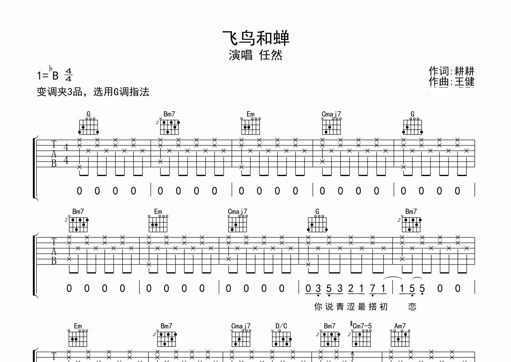 飞鸟和蝉吉他谱预览图