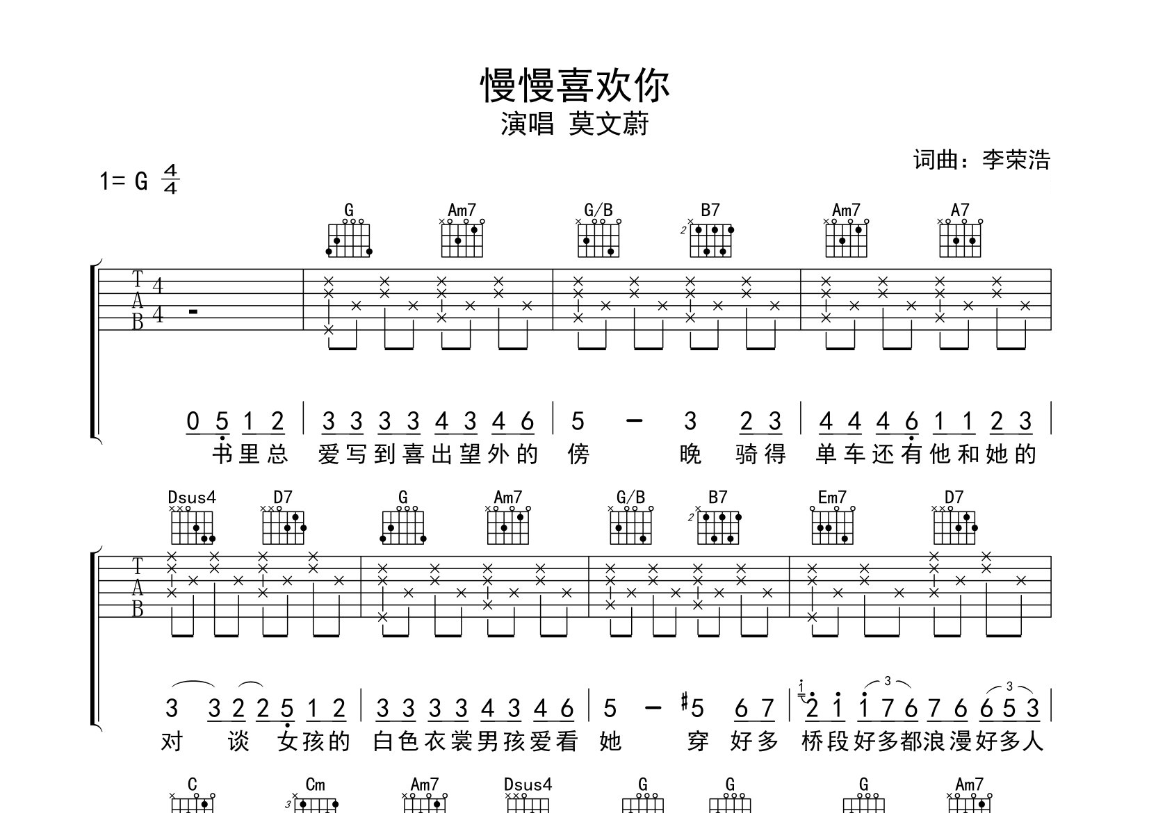 慢慢喜欢你吉他谱预览图