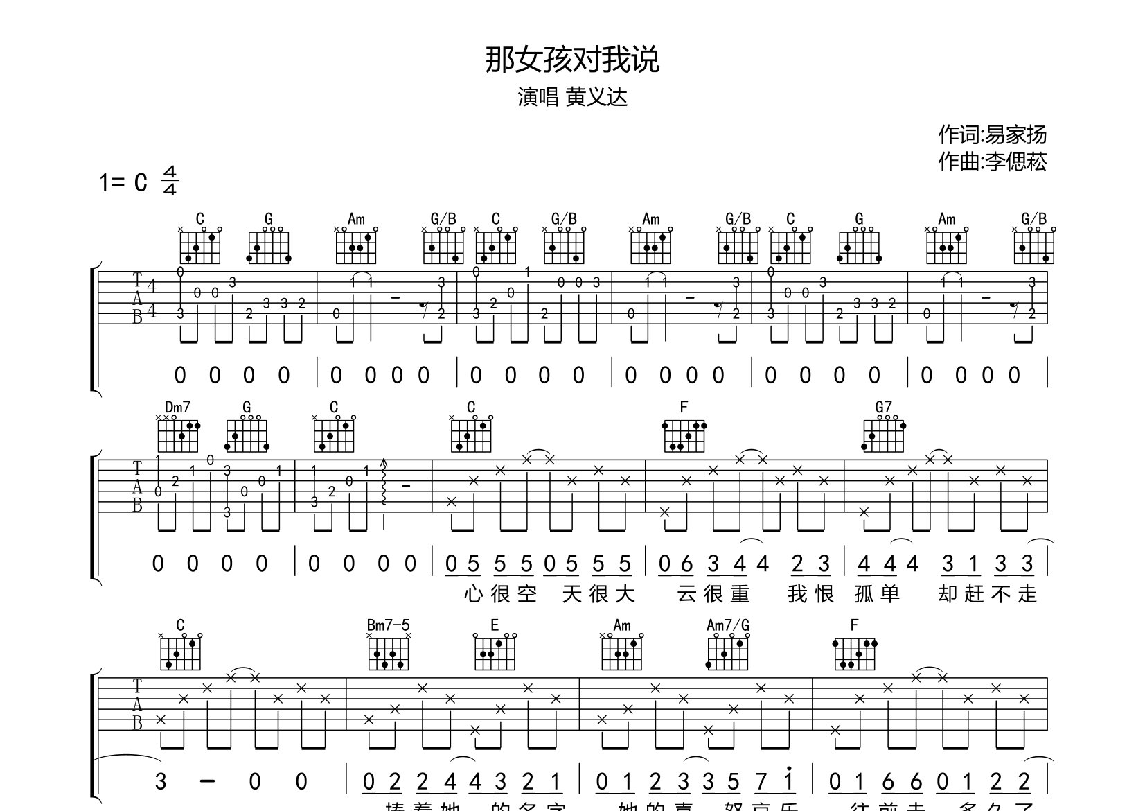 那女孩对我说吉他谱预览图