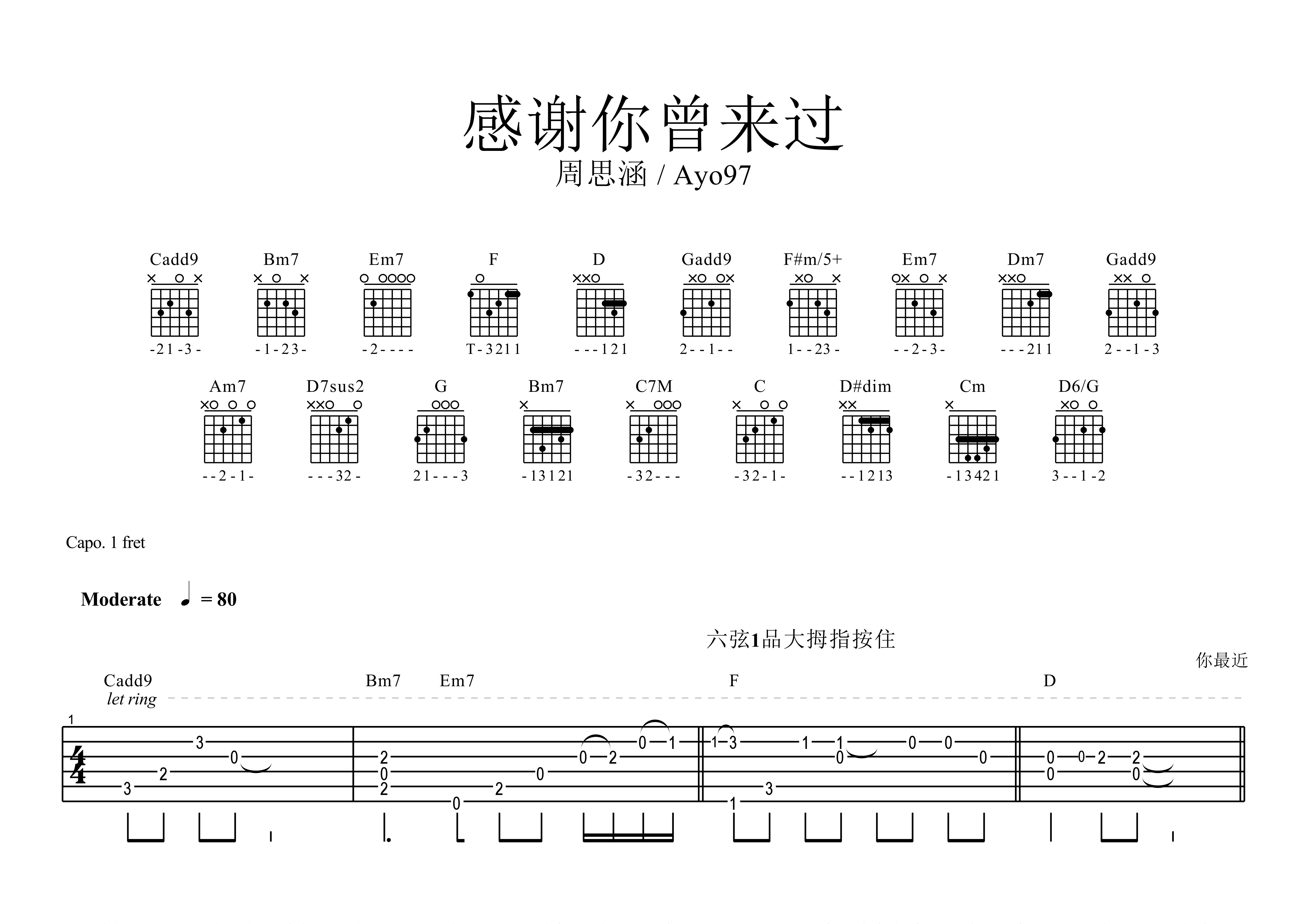 感谢你曾来过吉他谱预览图